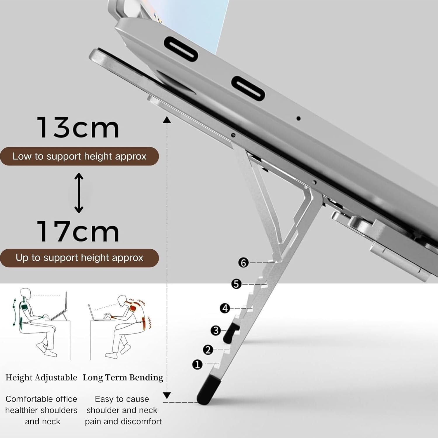 Silberner Laptopständer mit Höhenverstellung von 13cm bis 17cm. Bilder zeigen Haltungsvorteile.