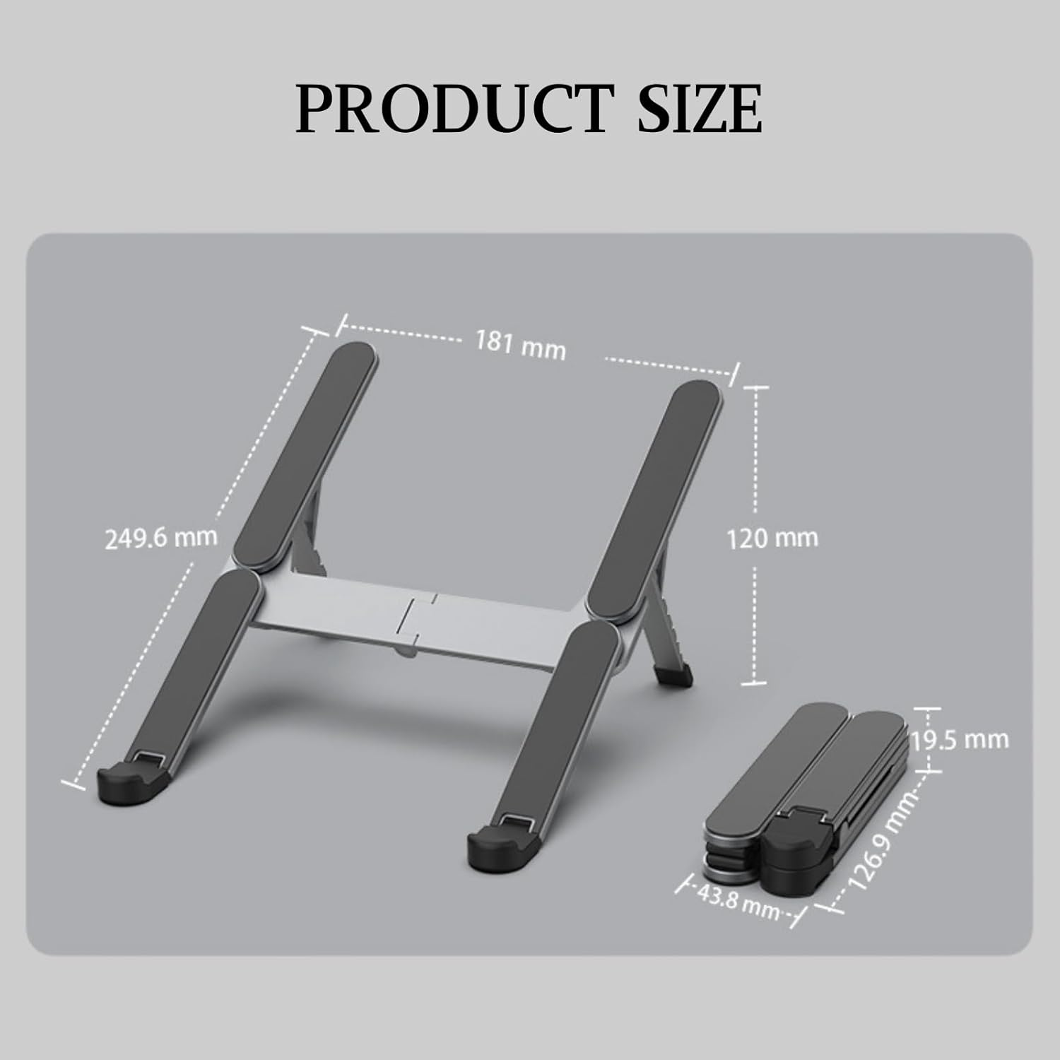 Ein aufklappbarer Laptopständer aus Metall mit Abmessungen.