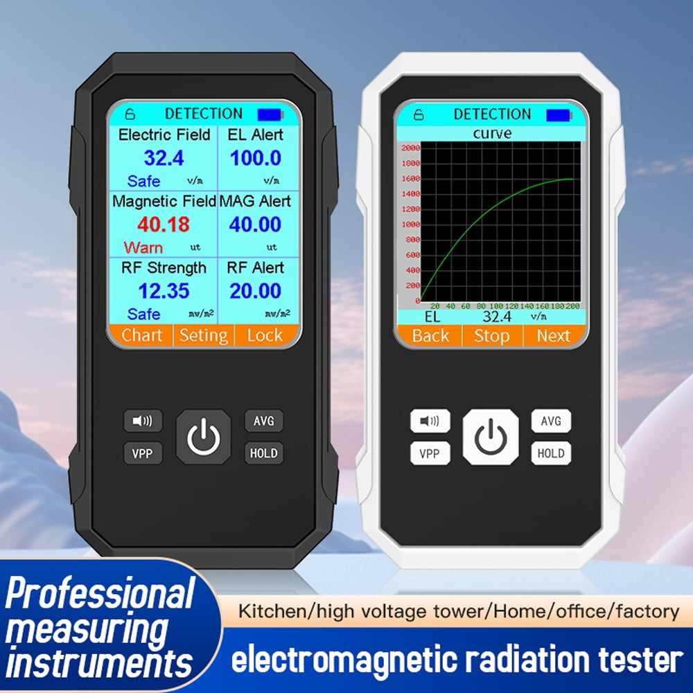 Zwei elektromagnetische Strahlungstester, schwarz und weiß, zeigen Messwerte und eine Kurve an.