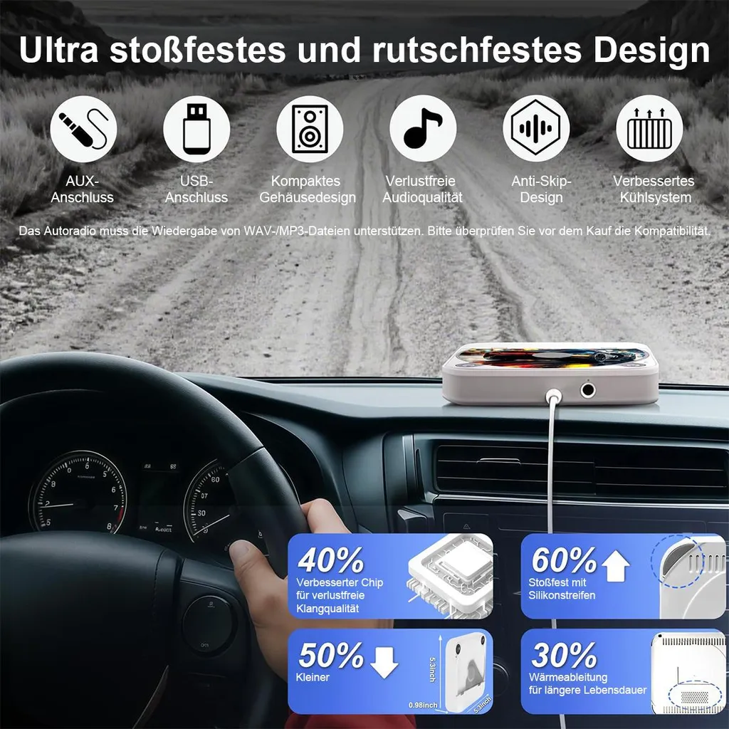 Auto-Stereoanlage mit AUX/USB, stoßfest, verlustfreier Klangqualität, Anti-Skip, Kühlung.