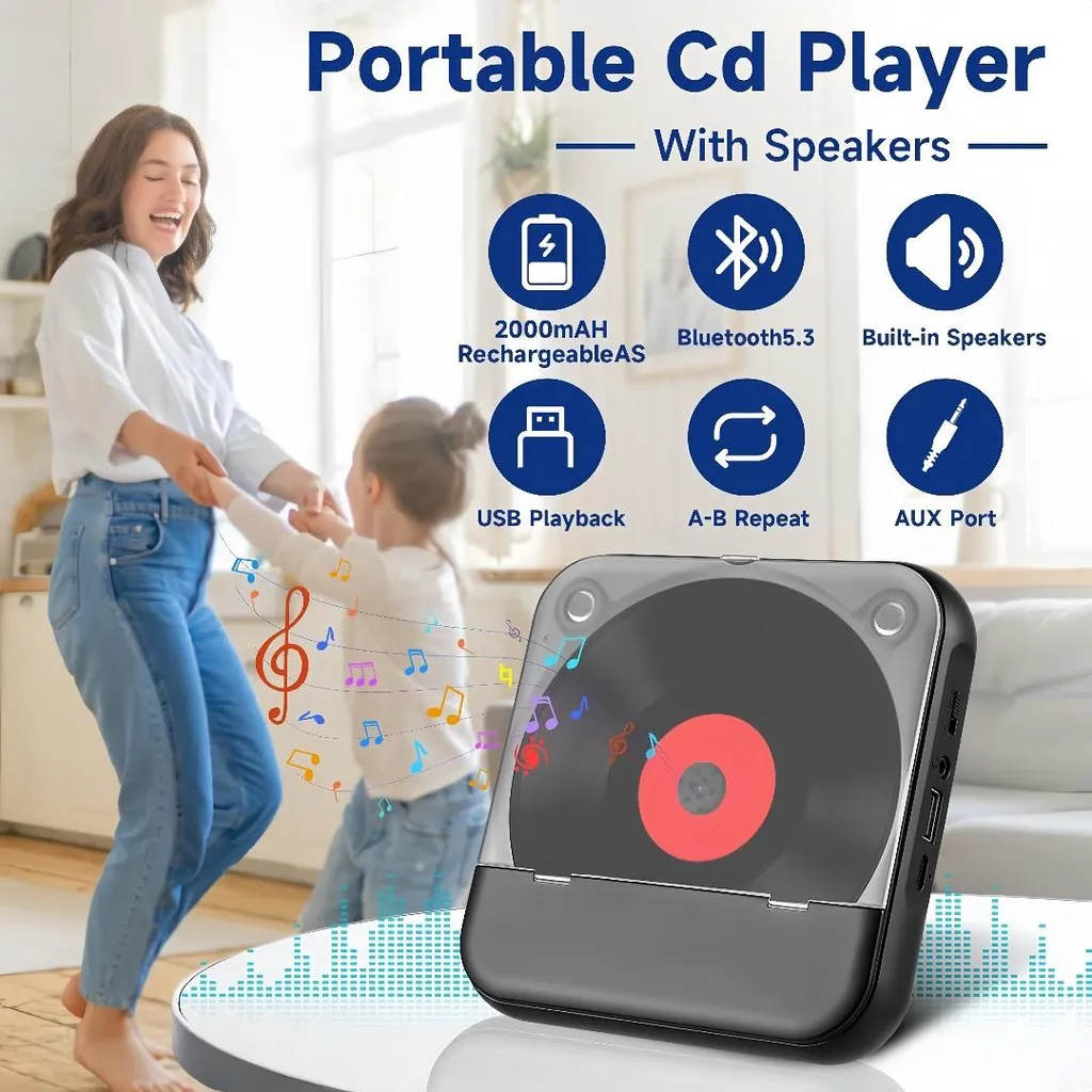 Mutter und Kind tanzen zu Musik von einem tragbaren CD-Player mit Lautsprechern und Schallplattenmotiv.