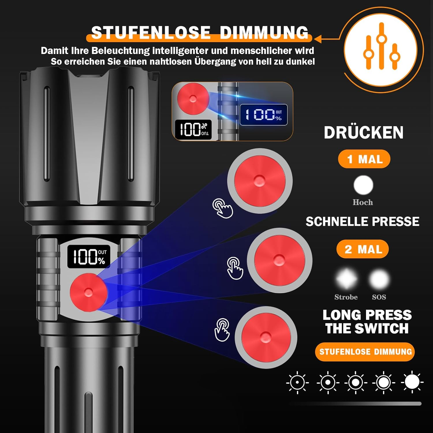 Illustration einer Taschenlampe mit stufenloser Dimmfunktion, die verschiedene Modi zeigt.