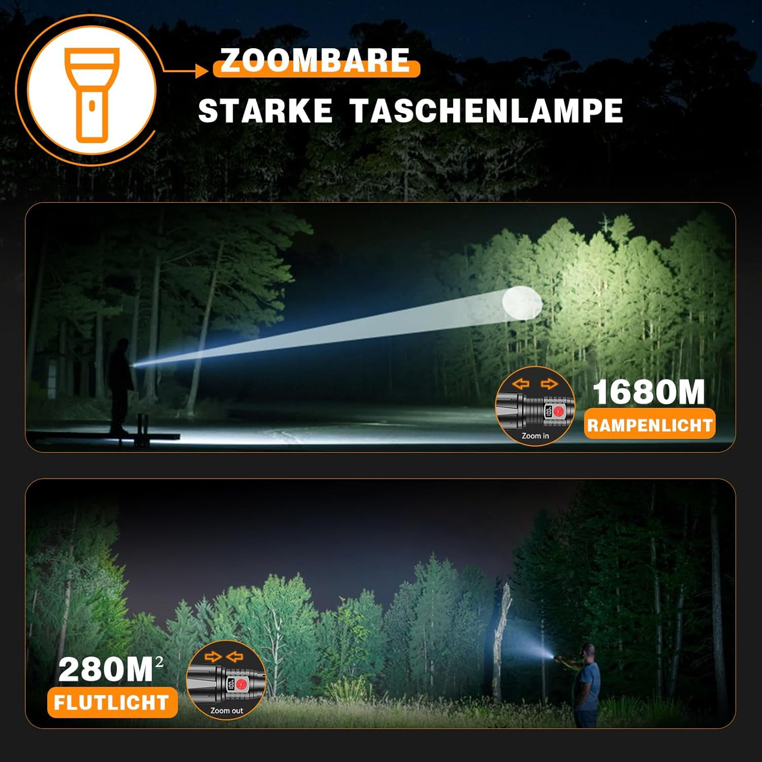 Taschenlampe leuchtet Waldweg aus, mit Zoom-Indikator und Reichweitenangaben.
