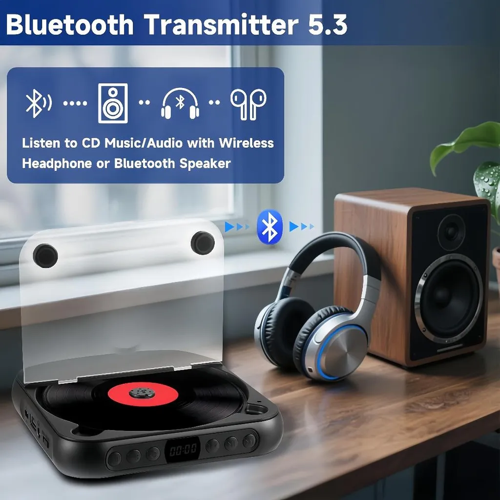 Schwarzer Plattenspieler mit Kopfhörern und Lautsprecher, Bluetooth-Symbol.