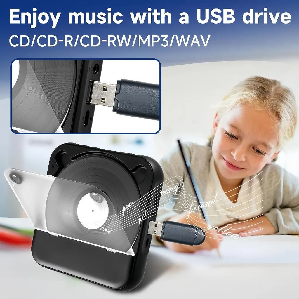 Ein Mädchen schreibt, während ein USB-Stick in ein Gerät mit einer Vinyl-Platte steckt.