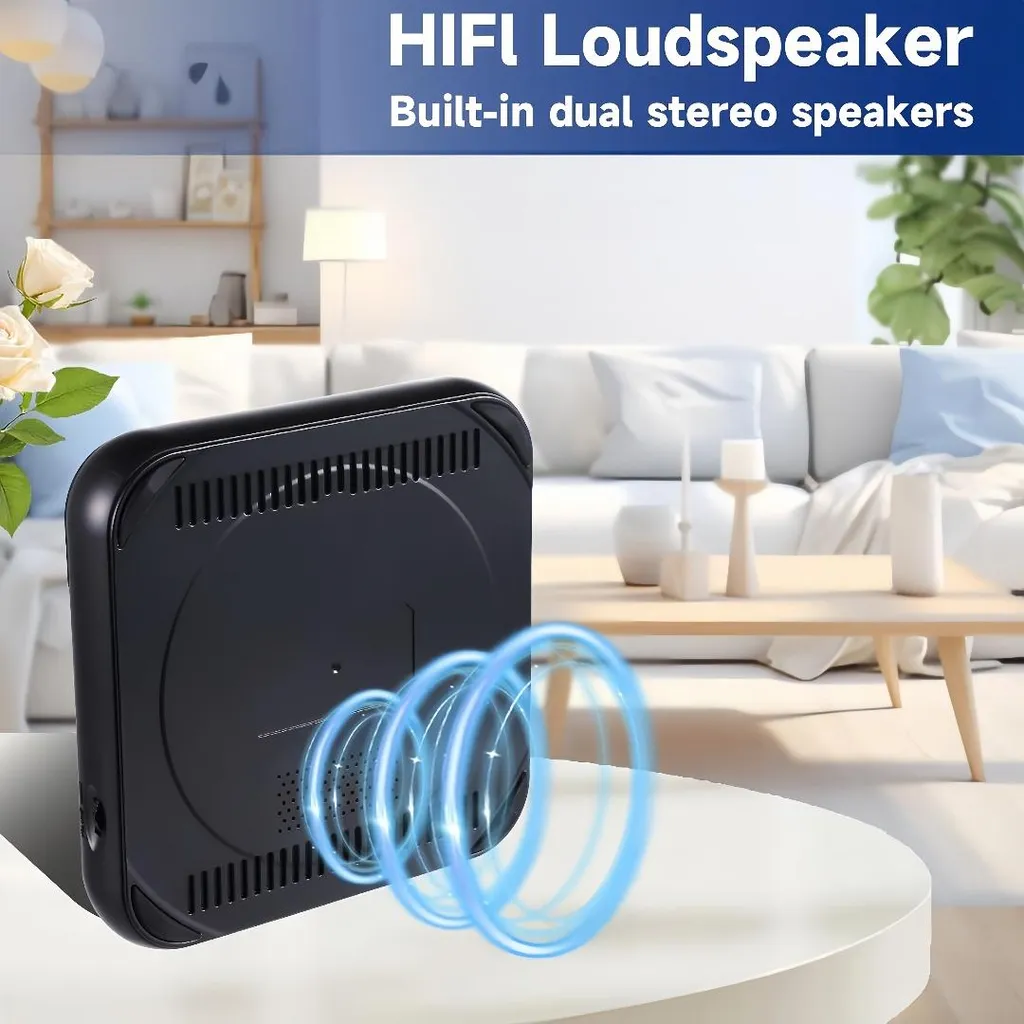 Schwarzer HiFi-Lautsprecher auf einem Tisch mit abstraktem Schallwellen-Effekt.