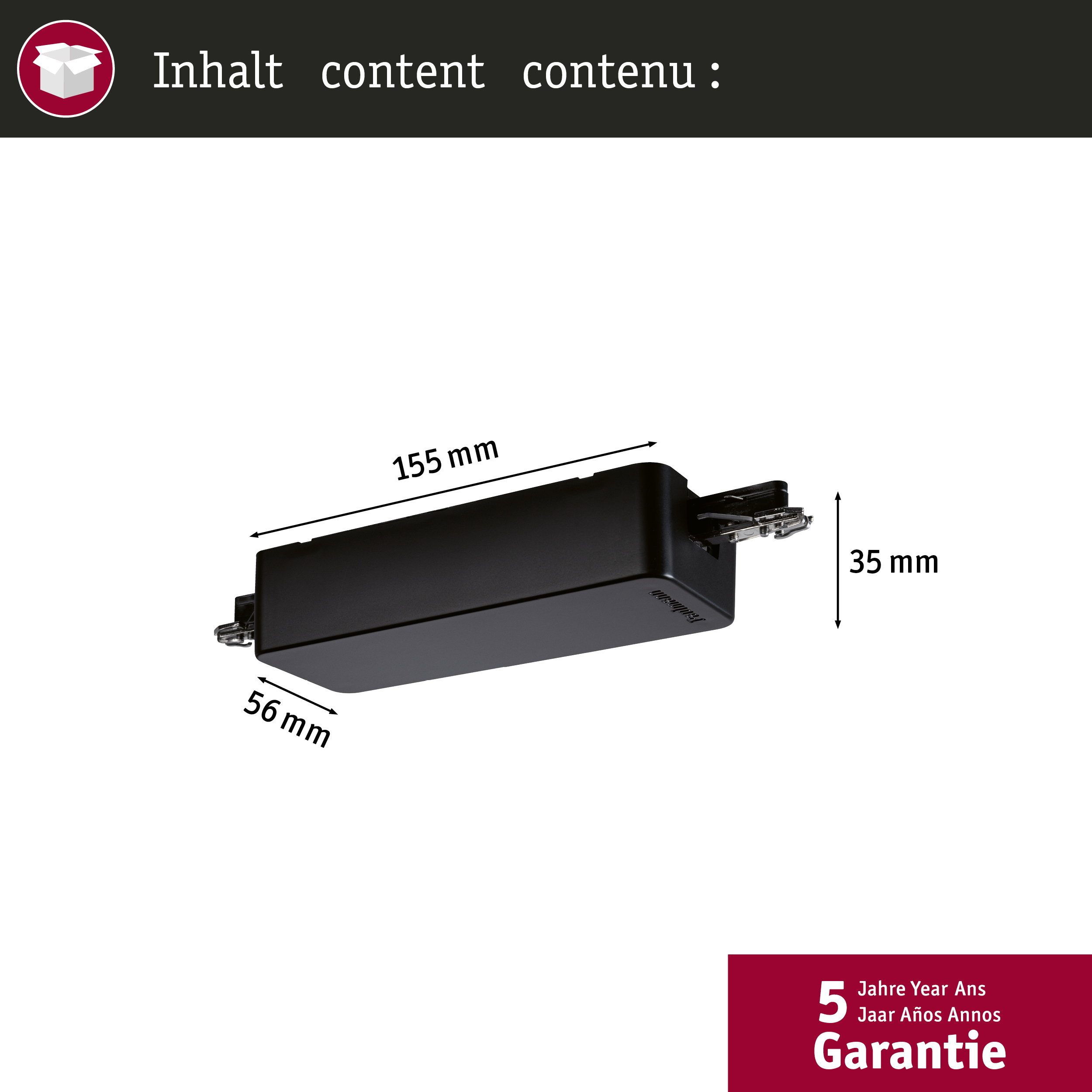 Schwarzes technisches Bauteil mit Maßen 155x56x35 mm und Garantie.