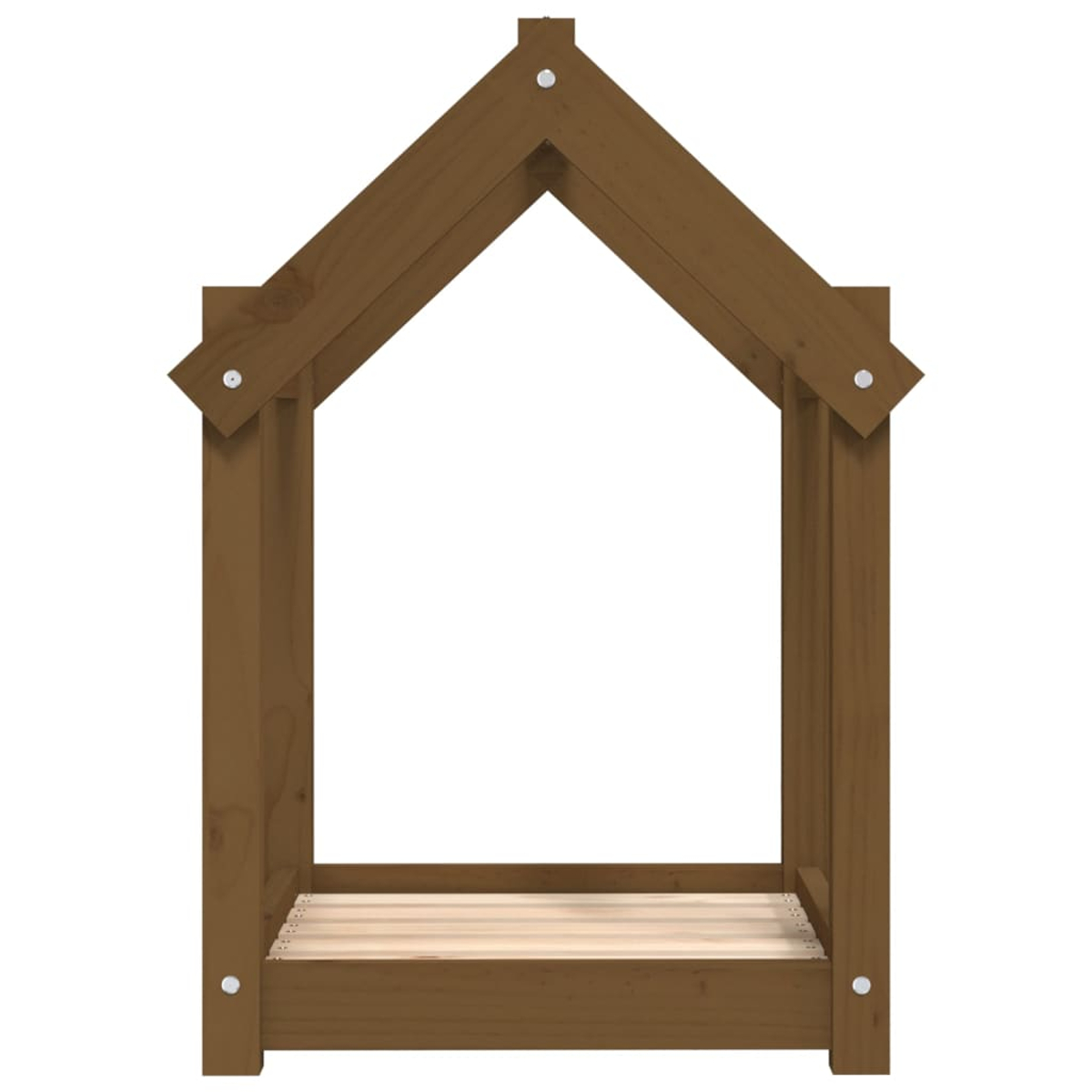 Ein braunes Holzhausbettgestell mit Dachform und Lattenrost.