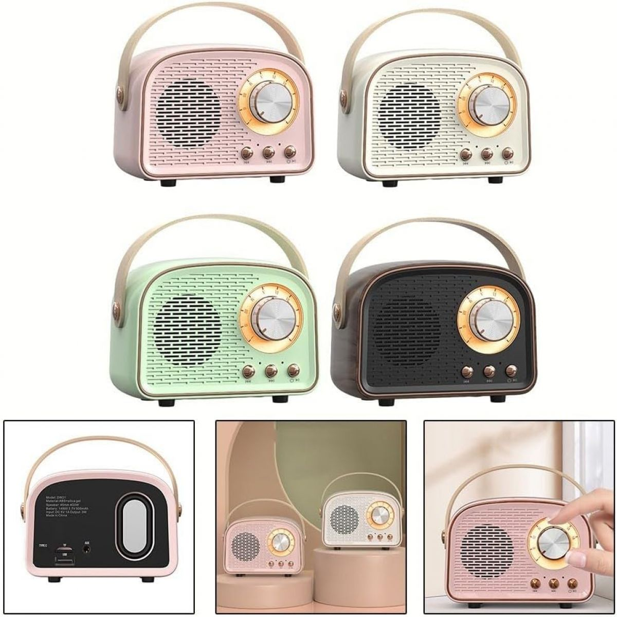Vier Retro-Radios in Rosa, Weiß, Grün und Schwarz mit Ledergriffen und goldenen Knöpfen.