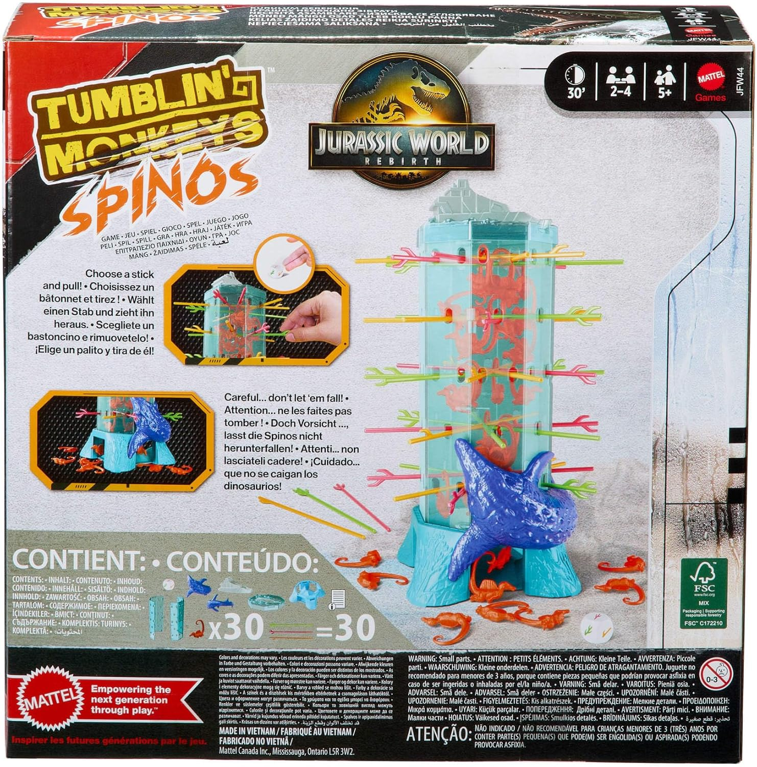 Boîte de jeu : Tumbling Monkeys Spinoss avec design Jurassic World. Comprend tour, bâtonnets et dinosaures.