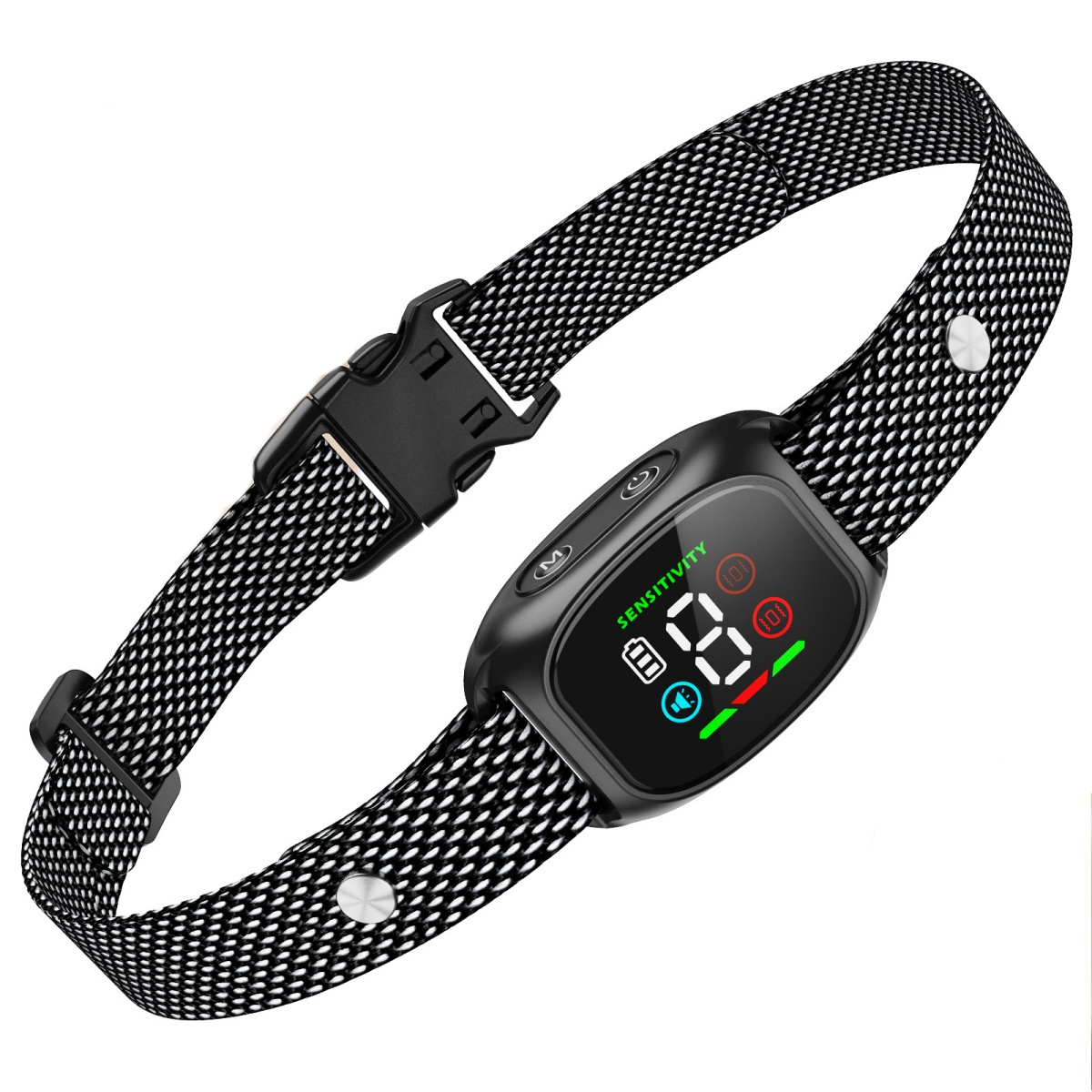 Ein schwarzes Halsband mit digitalem Display und Schnallenverschluss.