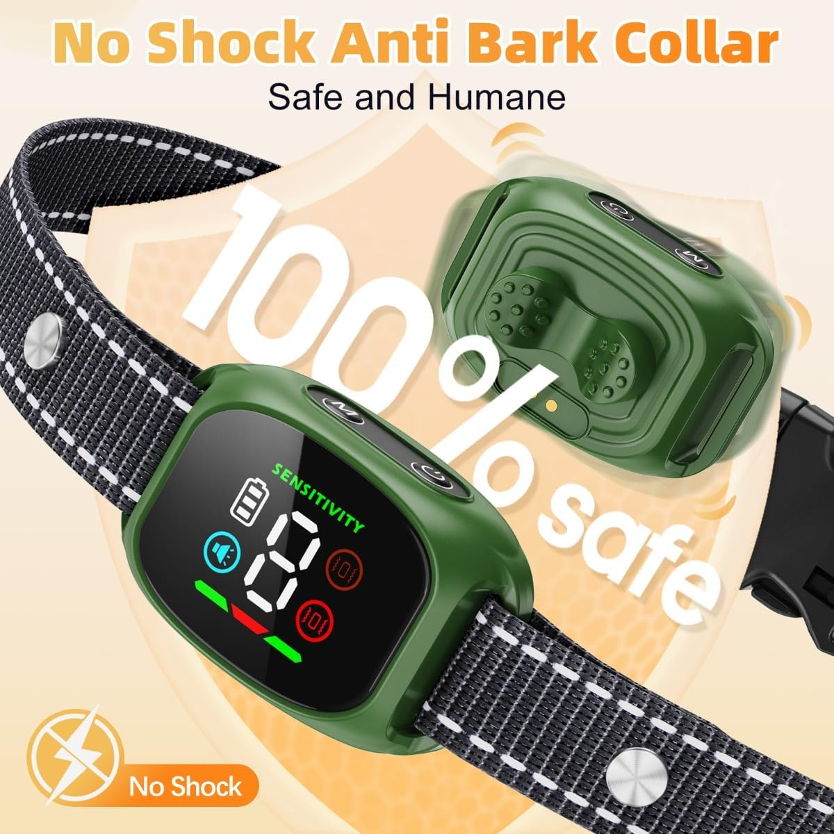 Grüner Anti-Bell-Halsband mit LED-Anzeige und Text '100% sicher'.