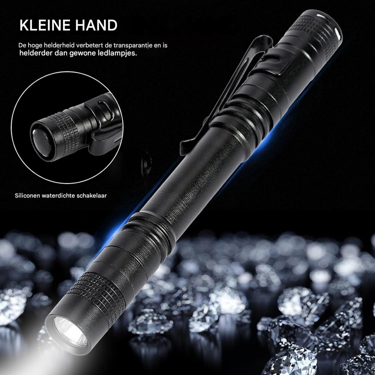 Ein schwarzer, kleiner LED-Taschenlampen mit Clip leuchtet auf einer Fläche aus Edelsteinen.