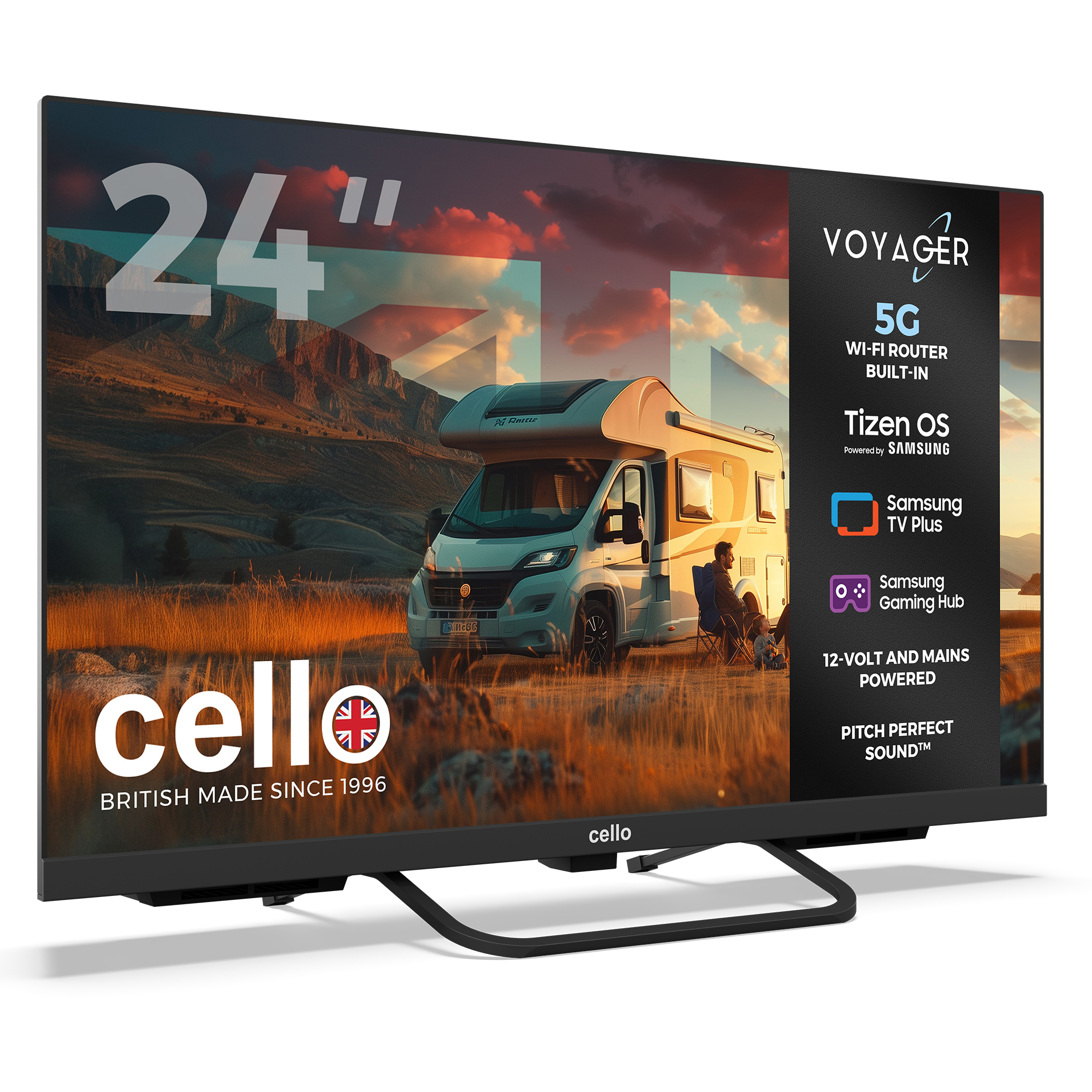 24-Zoll-Fernseher mit Wohnmobil-Motiv, 5G-WLAN und Samsung-Features.