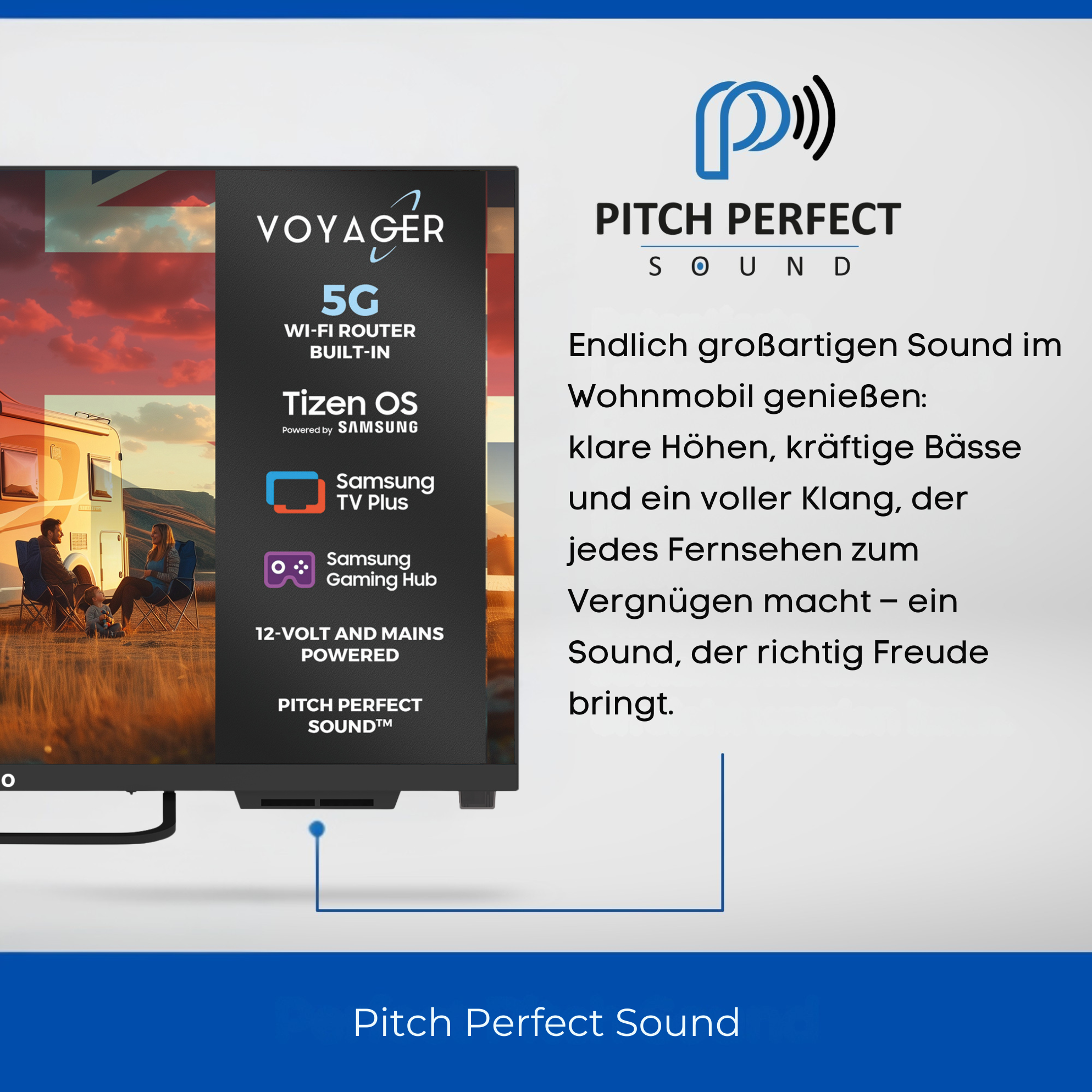 Ein Wohnmobil mit Familie im Freien, daneben ein Fernseher mit Produktinfos.