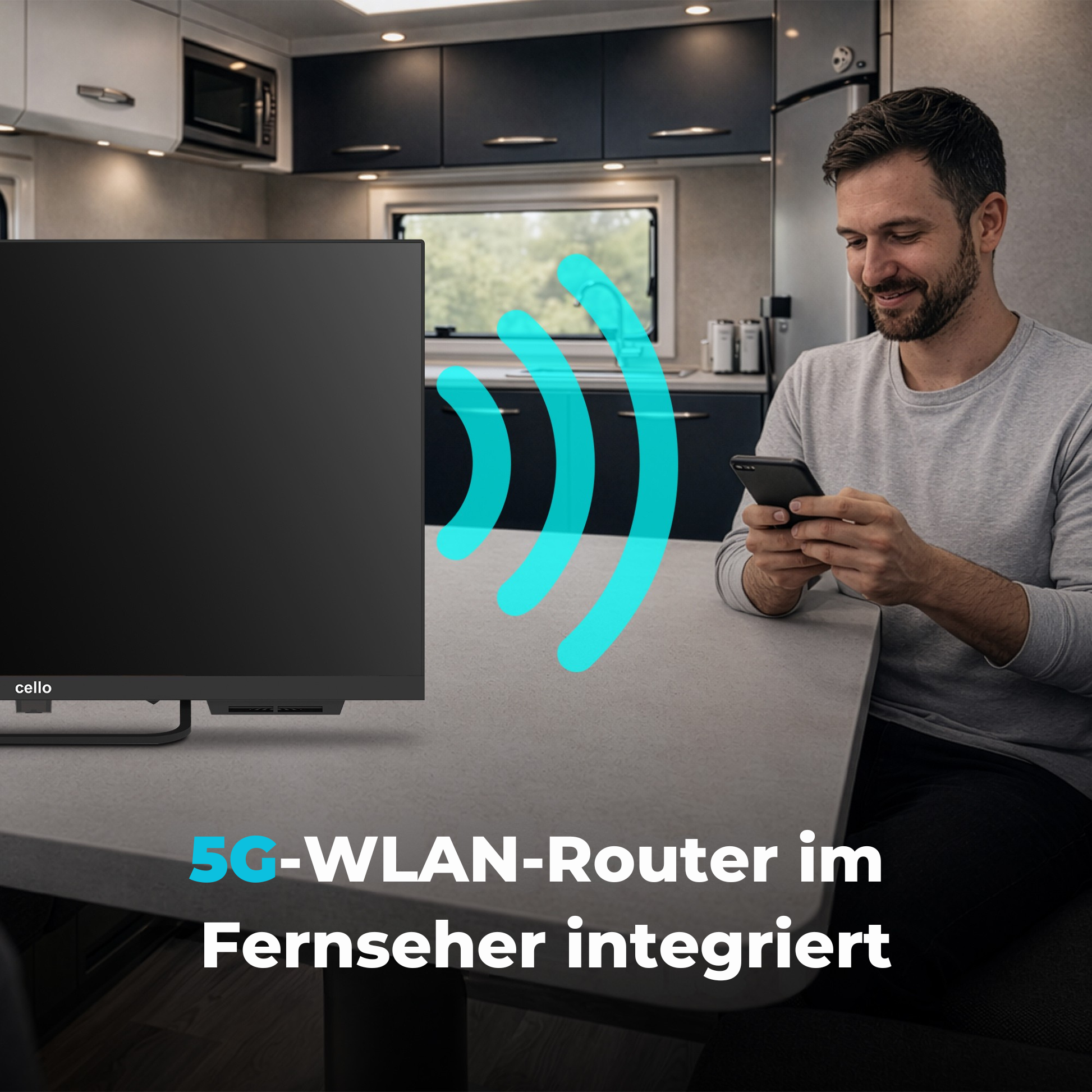 Mann mit Handy in der Nähe eines Fernsehers mit 5G-WLAN-Symbol.
