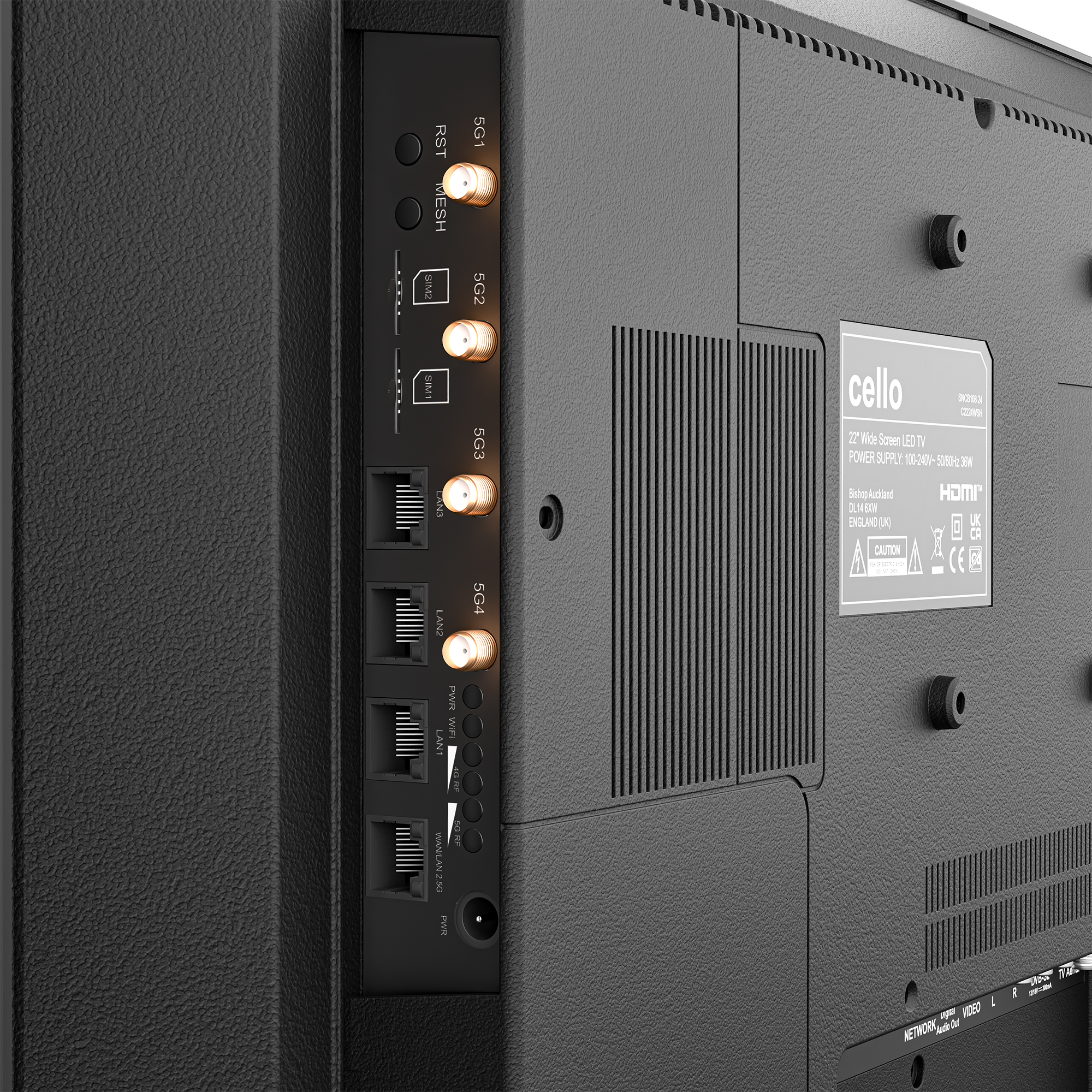 Rückseite eines Fernsehers mit Anschlüssen wie HDMI, LAN und SIM-Kartensteckplätzen.
