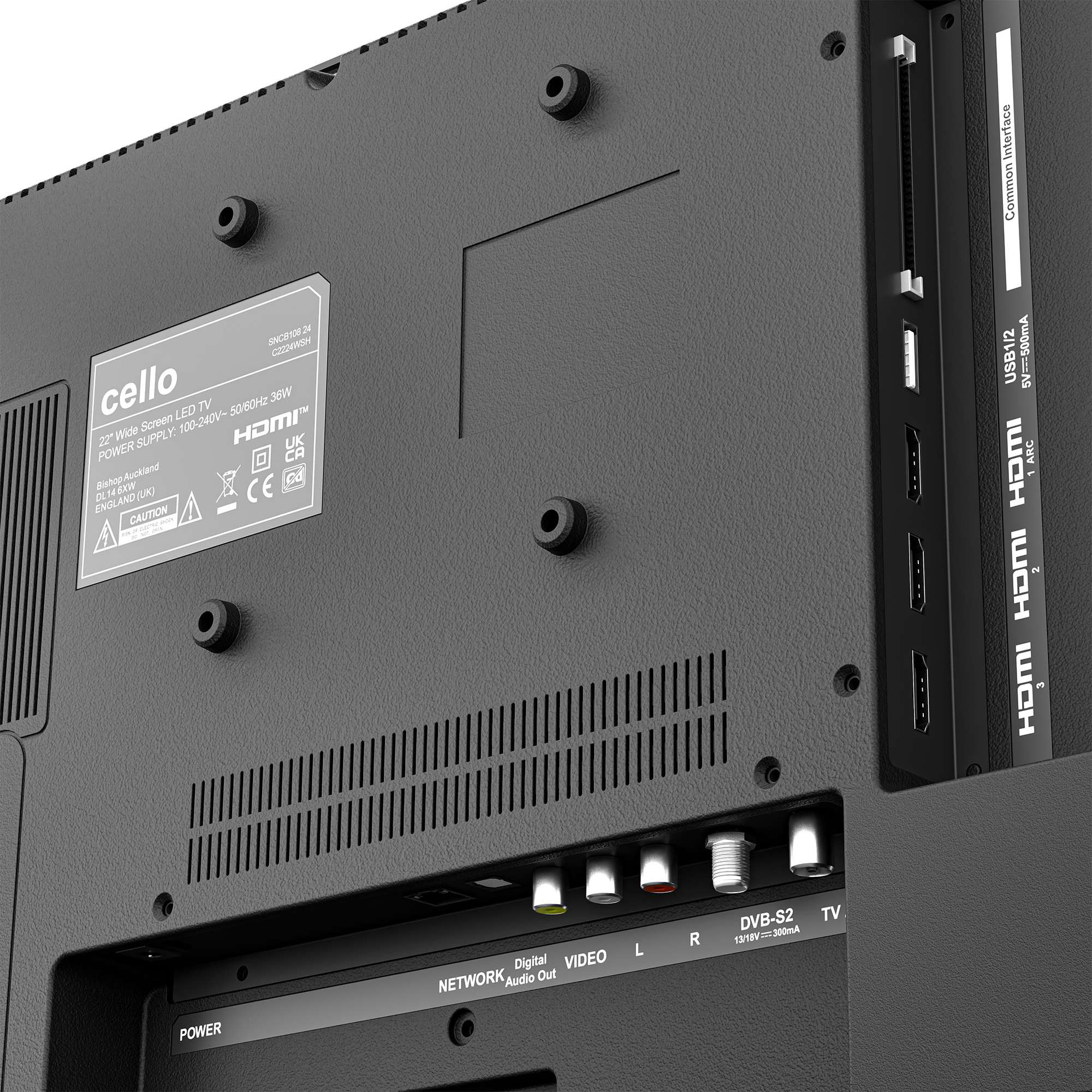 Rückseite eines Fernsehers mit Anschlüssen: HDMI, USB, Netz, Audio, Video, DVB-S2.