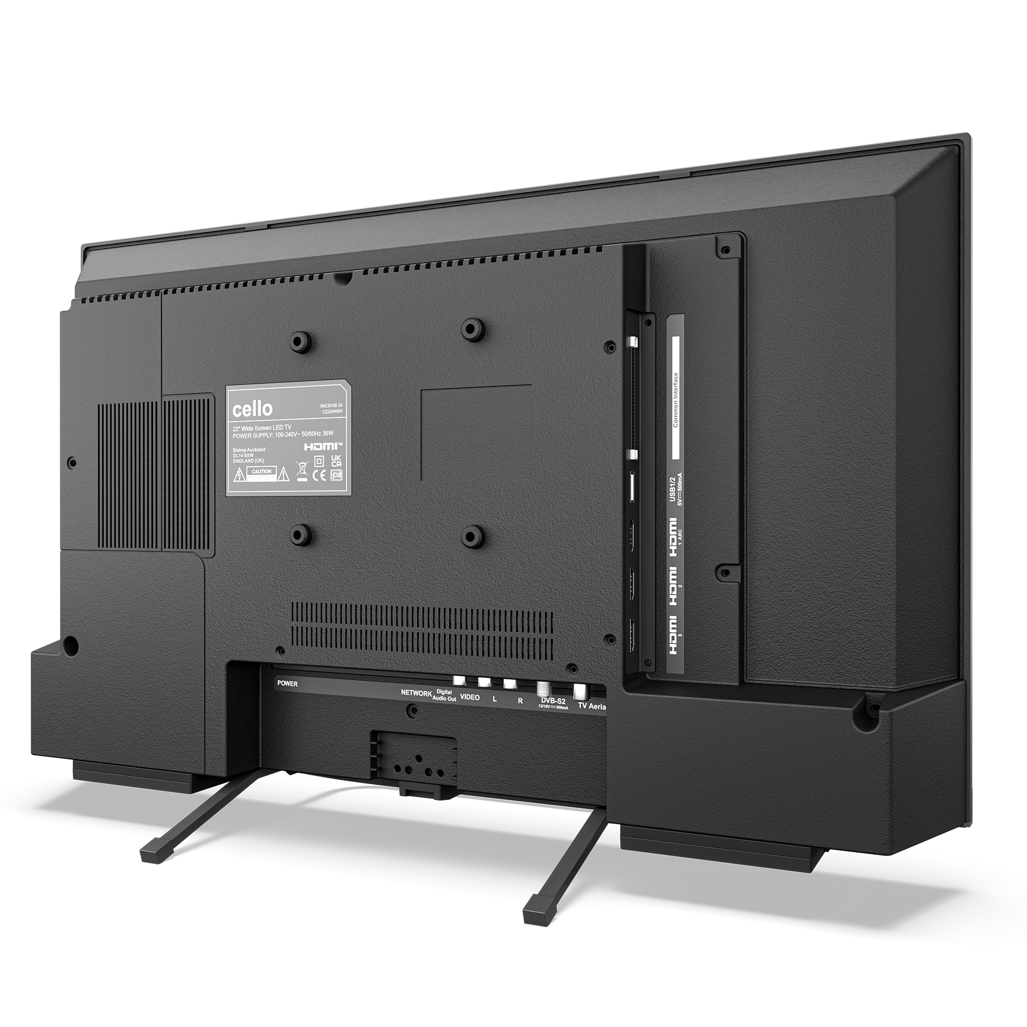 Rückseite eines schwarzen Fernsehers mit Anschlüssen: HDMI, USB, Netzwerkkabel, Video, Antenne.