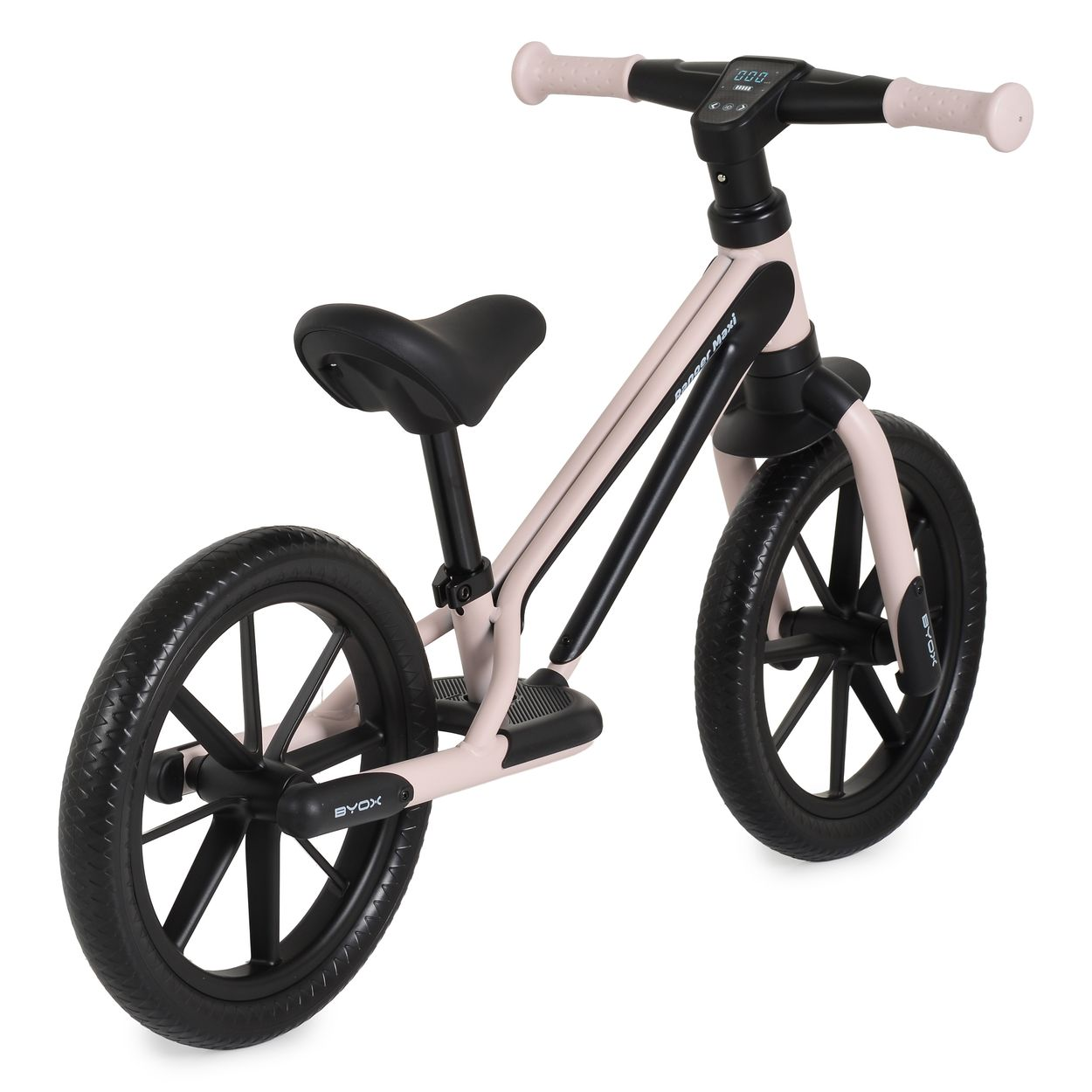 Ein rosafarbenes Kinderfahrrad mit schwarzen Reifen, Sattel und Griffen.