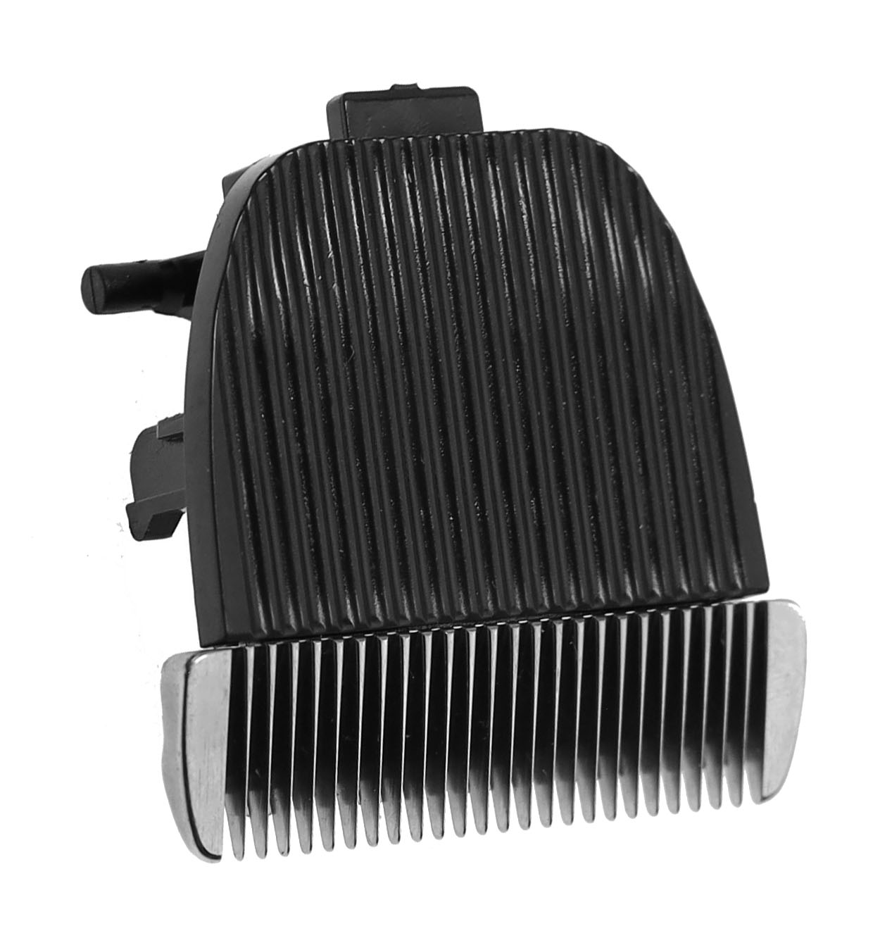 Ein schwarzer Haarschneideraufsatz mit Metallklingen auf weißem Hintergrund.