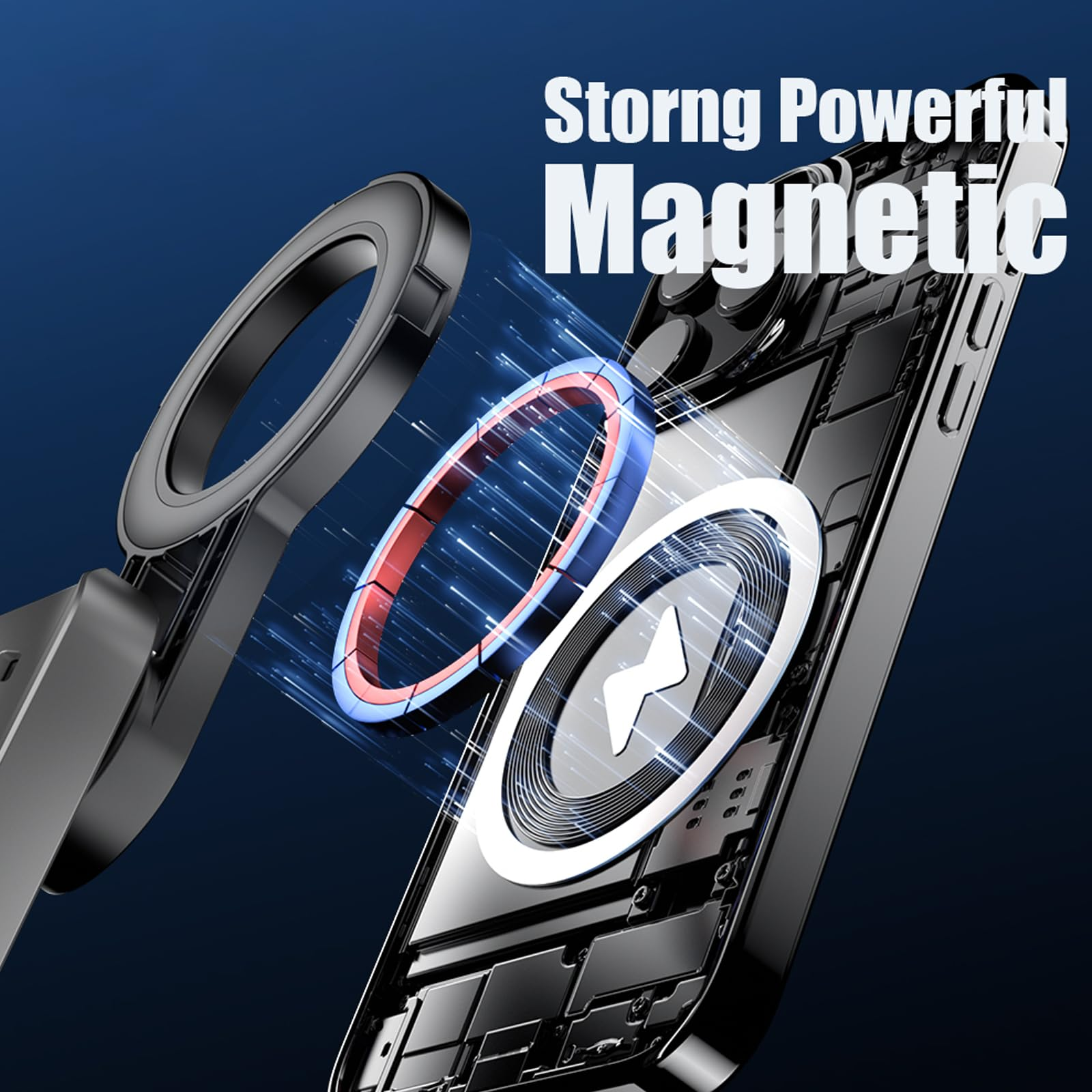 Ein schwarzer Magnetring mit roten und blauen Akzenten, der sich über einem Smartphone-Inneren befindet.
