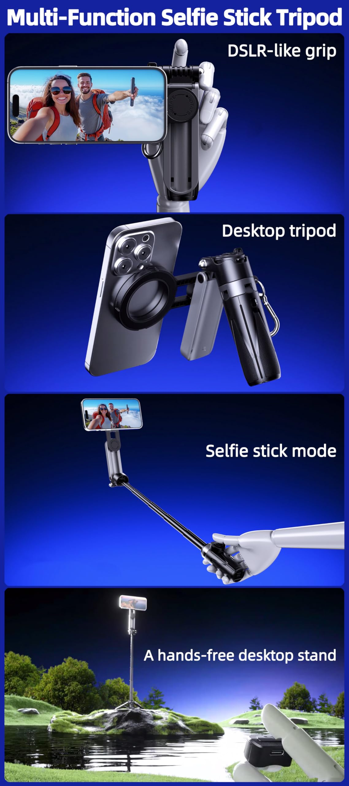 Multi-Funktions-Selfie-Stick-Stativ: DSLR-Griff, Desktop-Stativ, Selfie-Stick, freihändiger Ständer.