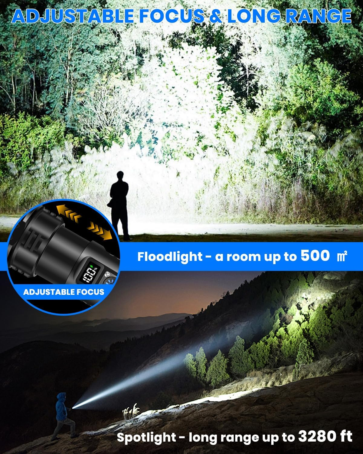 Eine Person leuchtet mit einer Taschenlampe in den Wald. Nahaufnahme des Griffs.