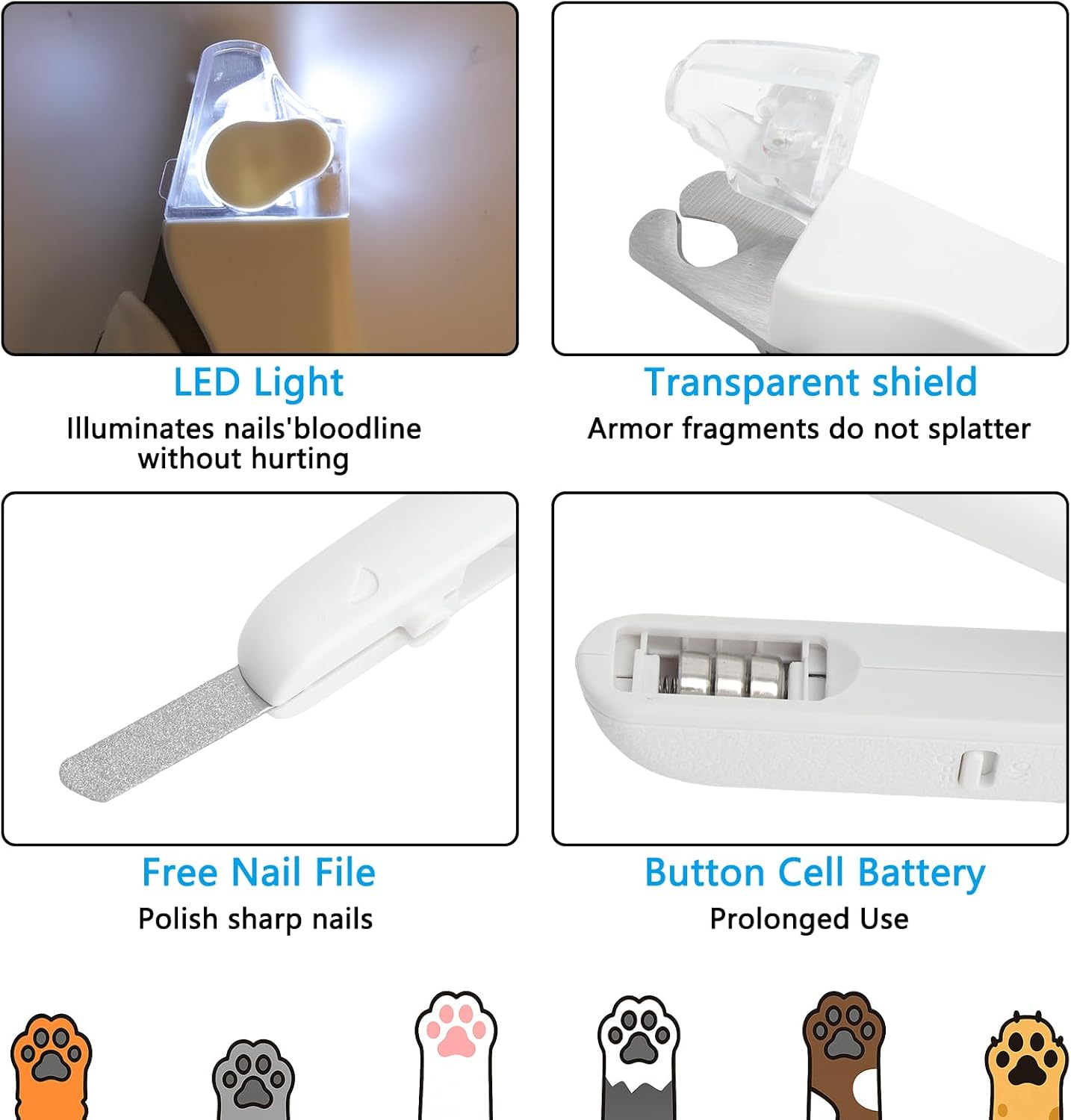 Nahaufnahme von Nagelknipser-Funktionen: LED-Licht, transparenter Schild, Feile, Batterie.