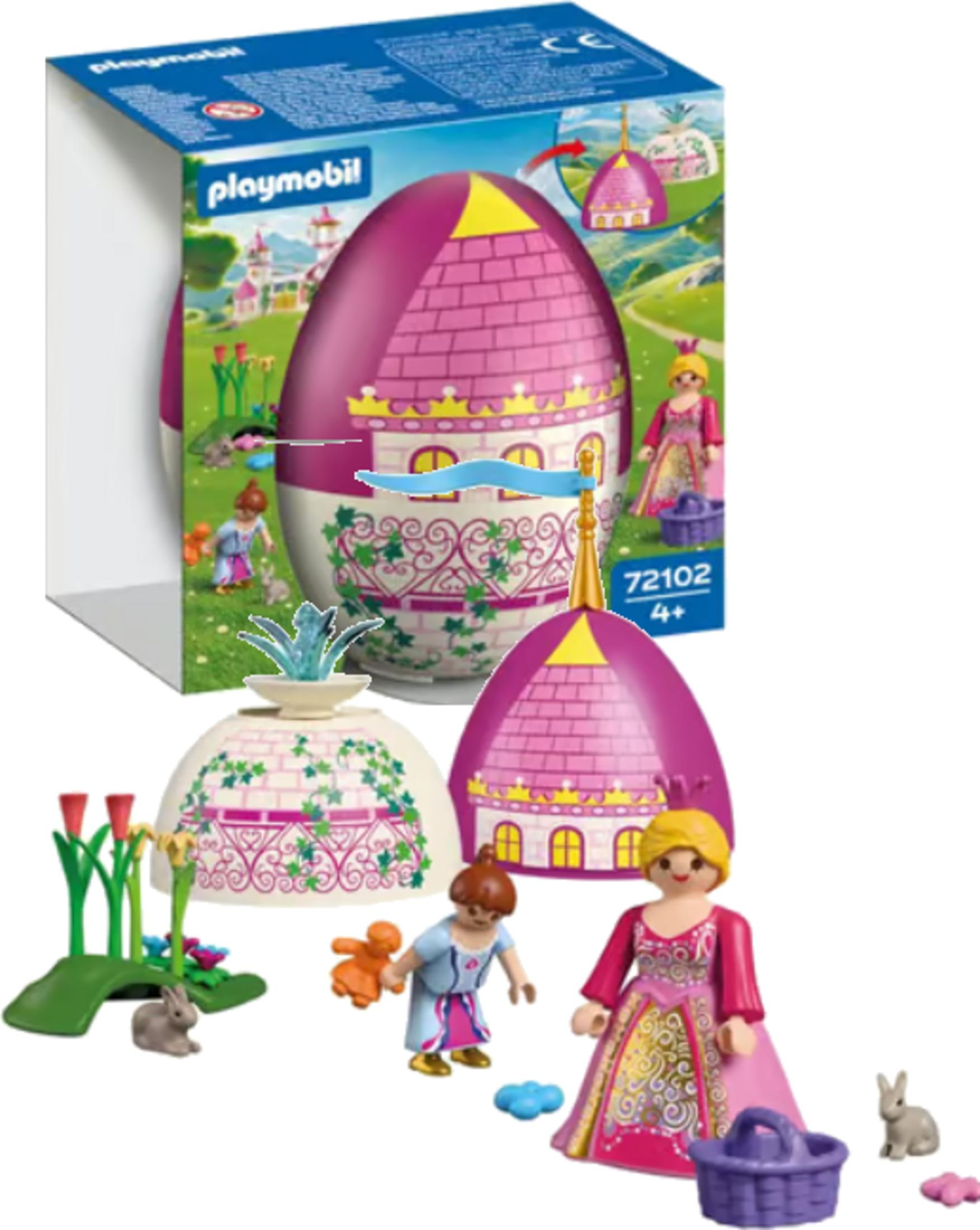 Playmobil Prinzessinnen-Schloss in einem Ei-Design mit Figuren und Tieren.
