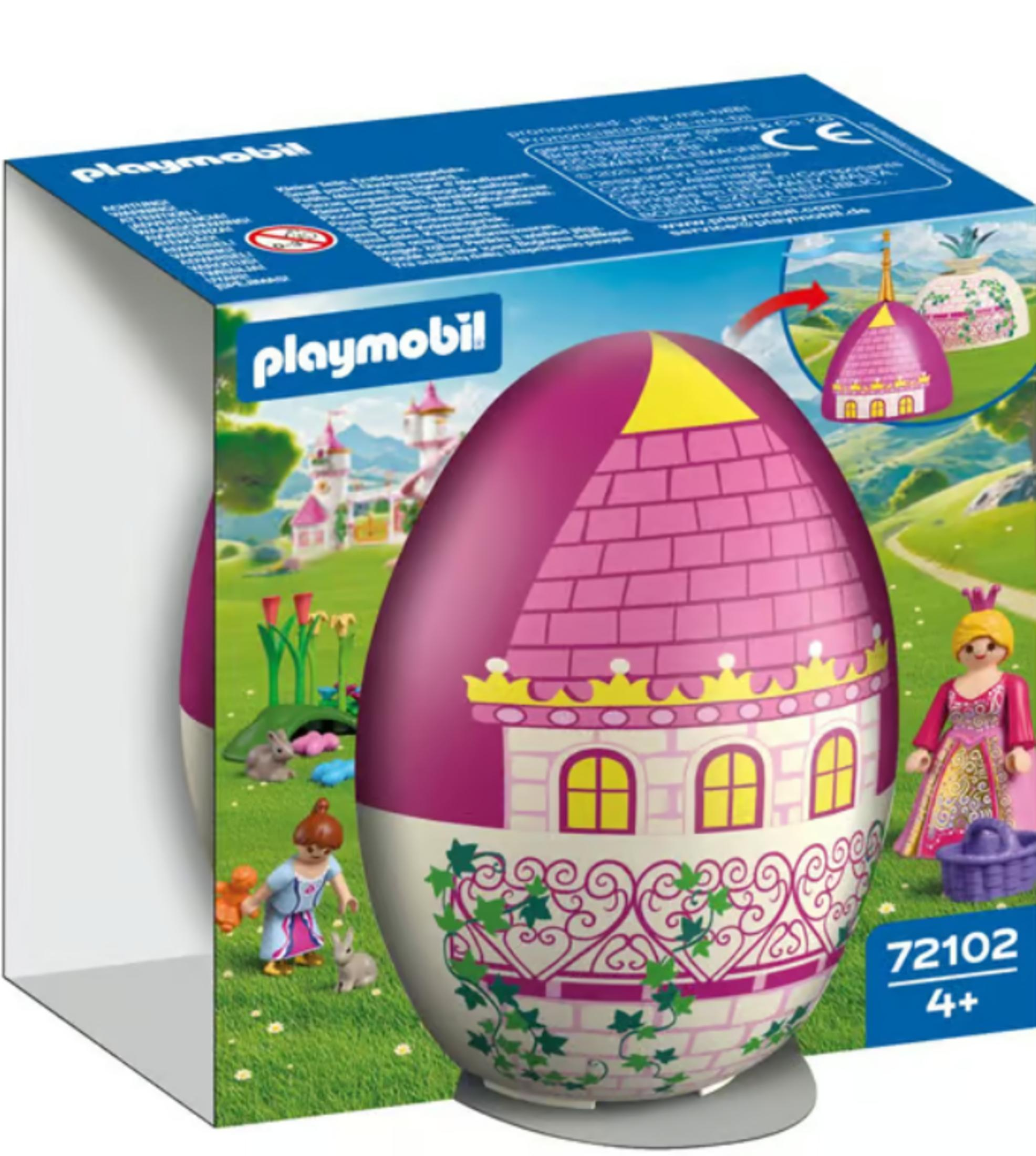 Playmobil Osterei mit Prinzessin, Rittern und Hasen vor einer Burgkulisse.