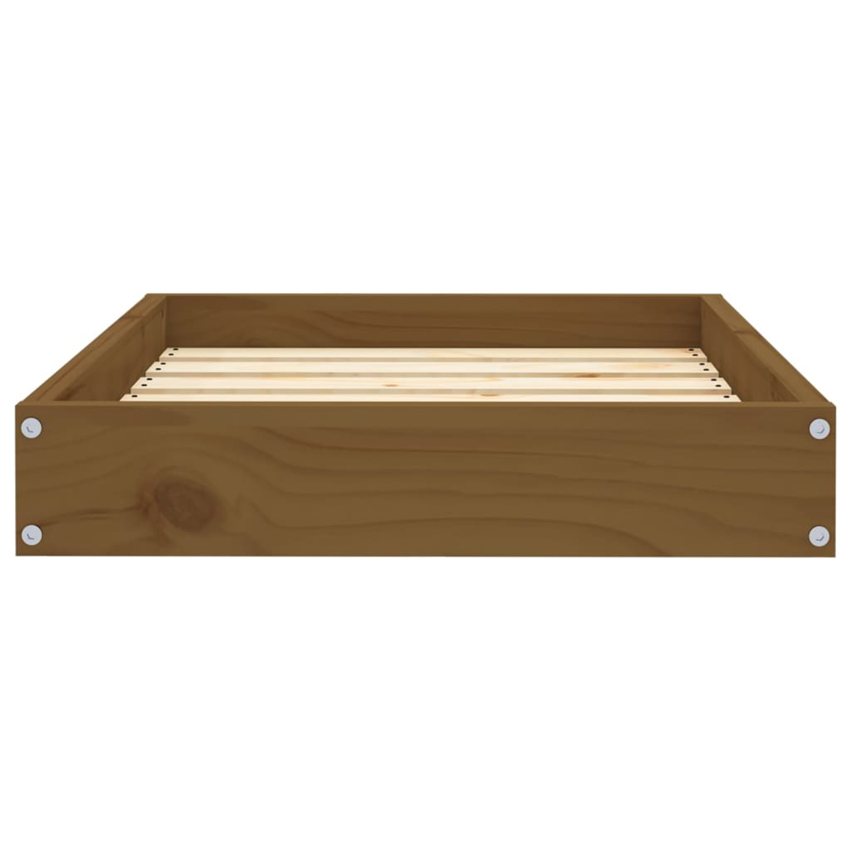 Ein braunes Holzbettgestell mit Lattenrost von vorne gesehen.