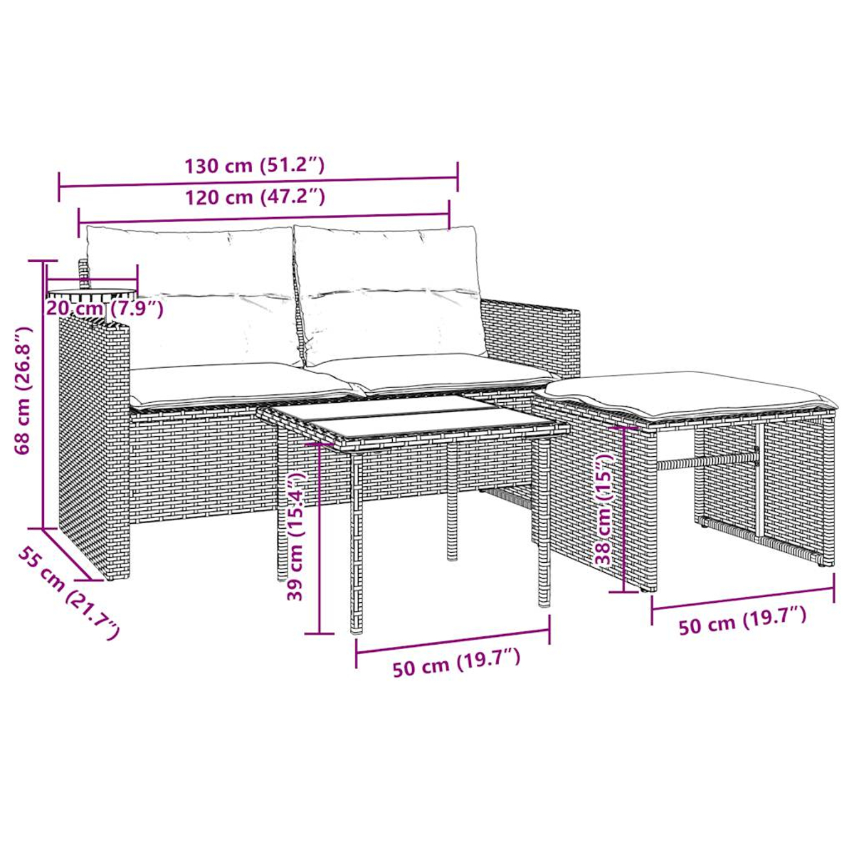 Geflochtenes Outdoor-Sofa mit Tisch und Hocker, mit Maßen.