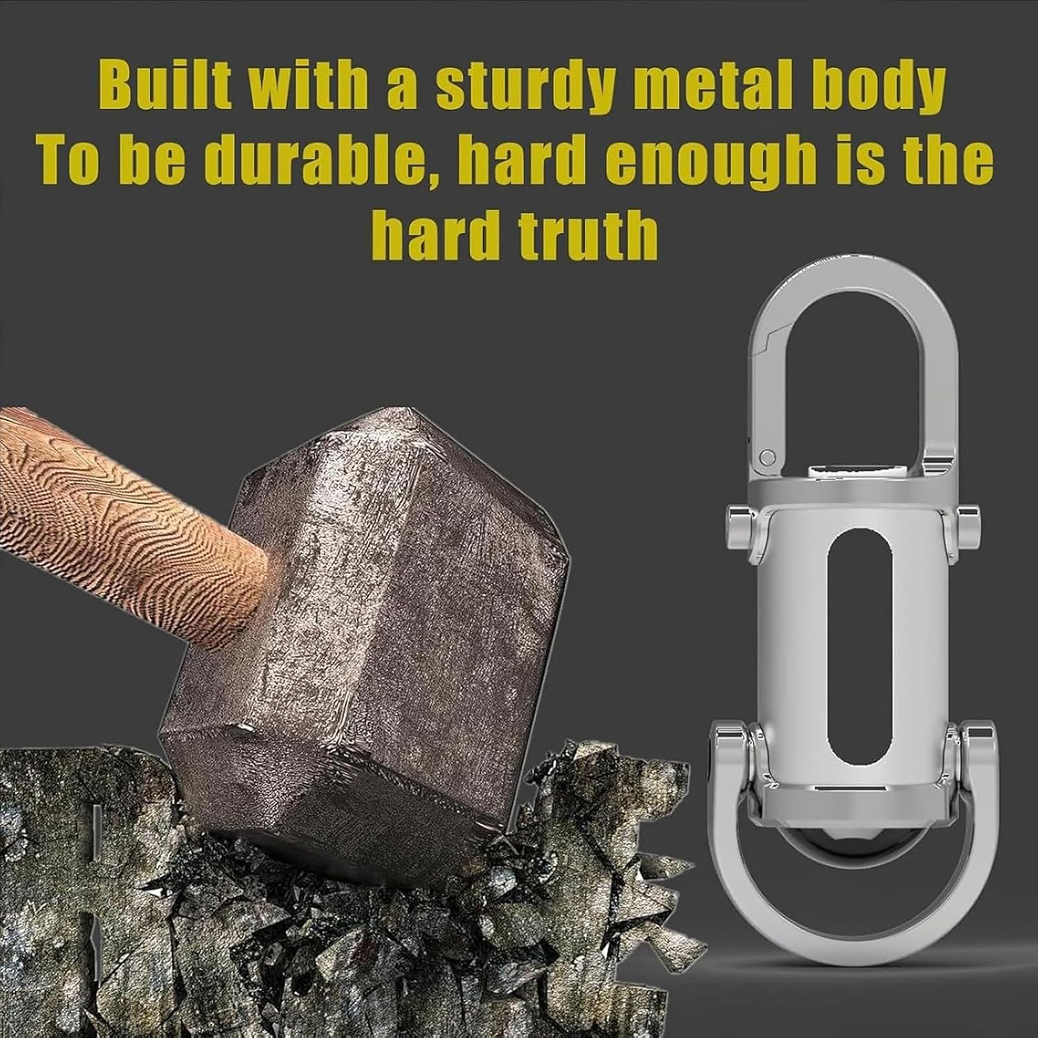 Ein Hammer trifft auf Gestein neben einem silbernen Anhänger.