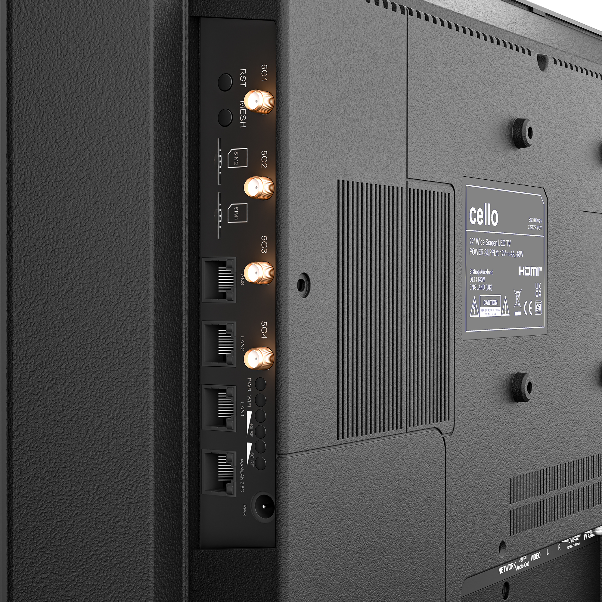 Parte trasera de un televisor con puertos: LAN, SIM, 5G, alimentación y HDMI.