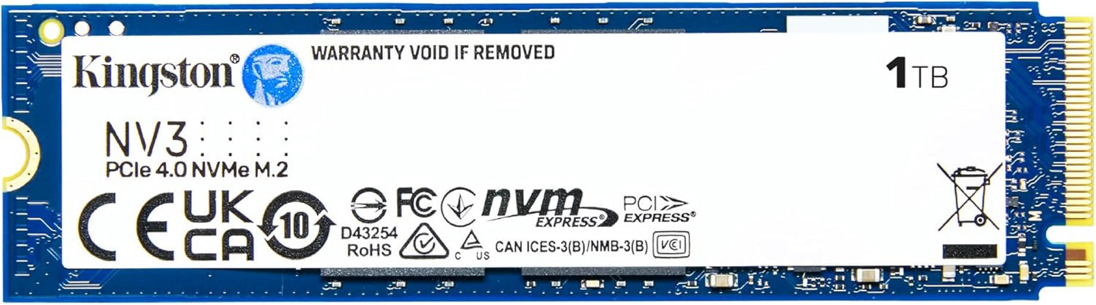 Kingston NV3 1TB M.2 NVMe SSD mit PCIe 4.0 und Anschlüssen.