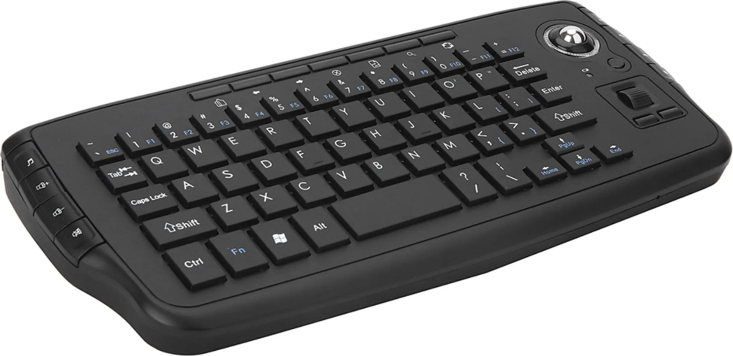 Schwarze Tastatur mit Trackball und Scrollrad, weiße Beschriftung.