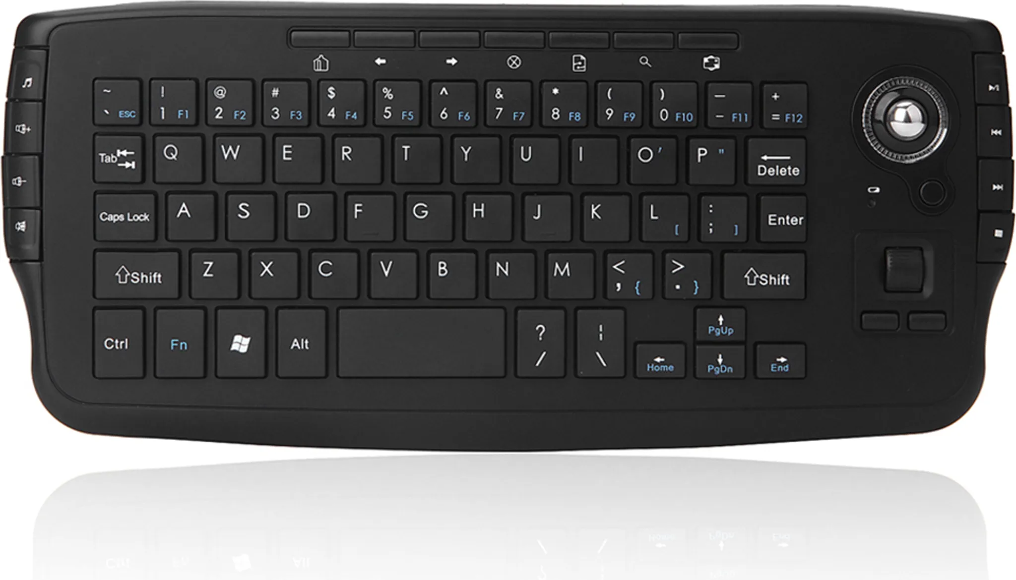 Schwarze Tastatur mit Trackball und Scrollrad oben rechts.