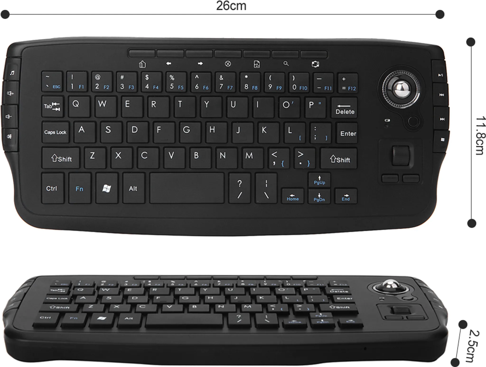 Schwarze kabellose Tastatur mit Trackball und Medientasten, oben und seitlich gezeigt.