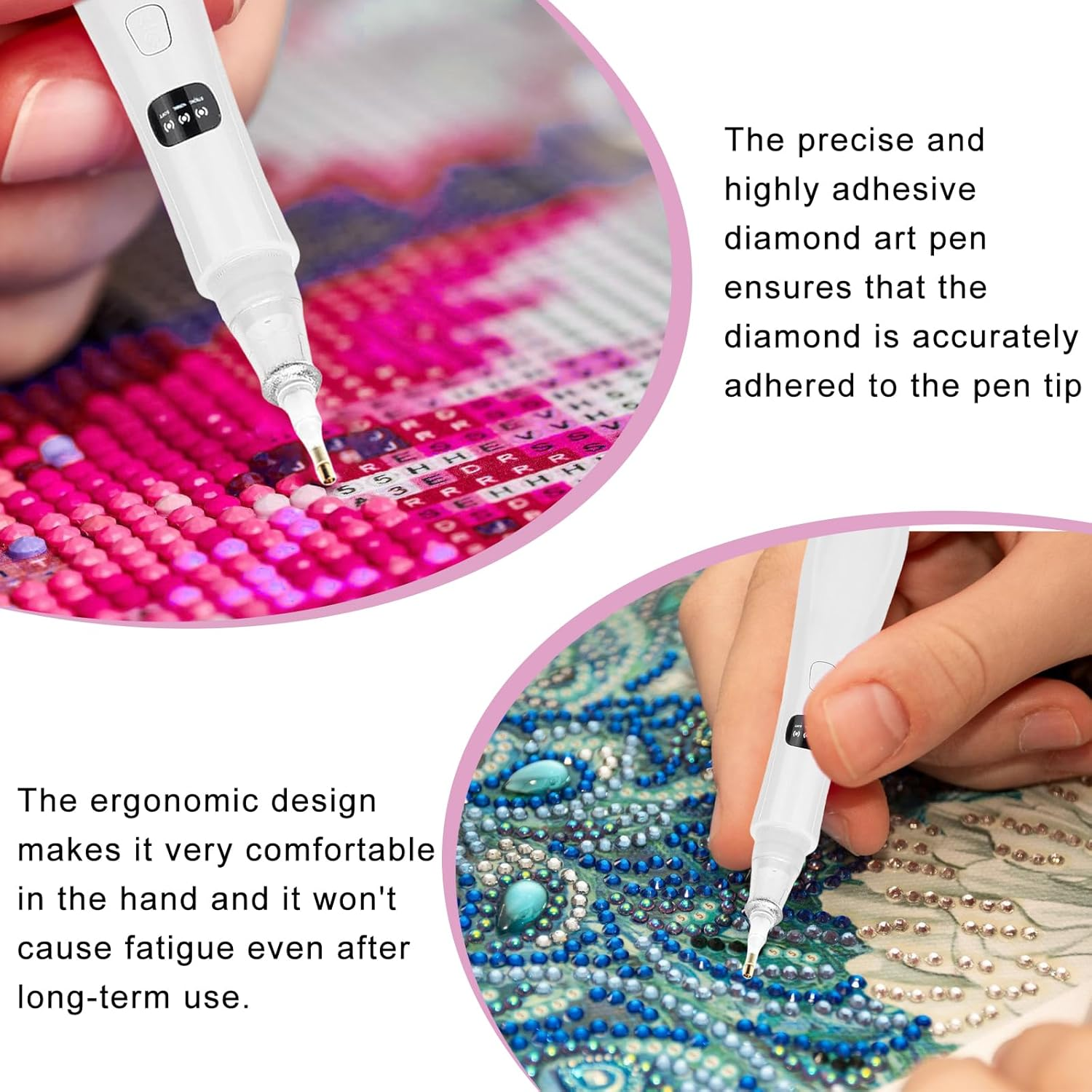 Eine Hand benutzt einen weißen Diamantmalstift, um rote und pinke Diamanten auf eine Leinwand zu setzen.