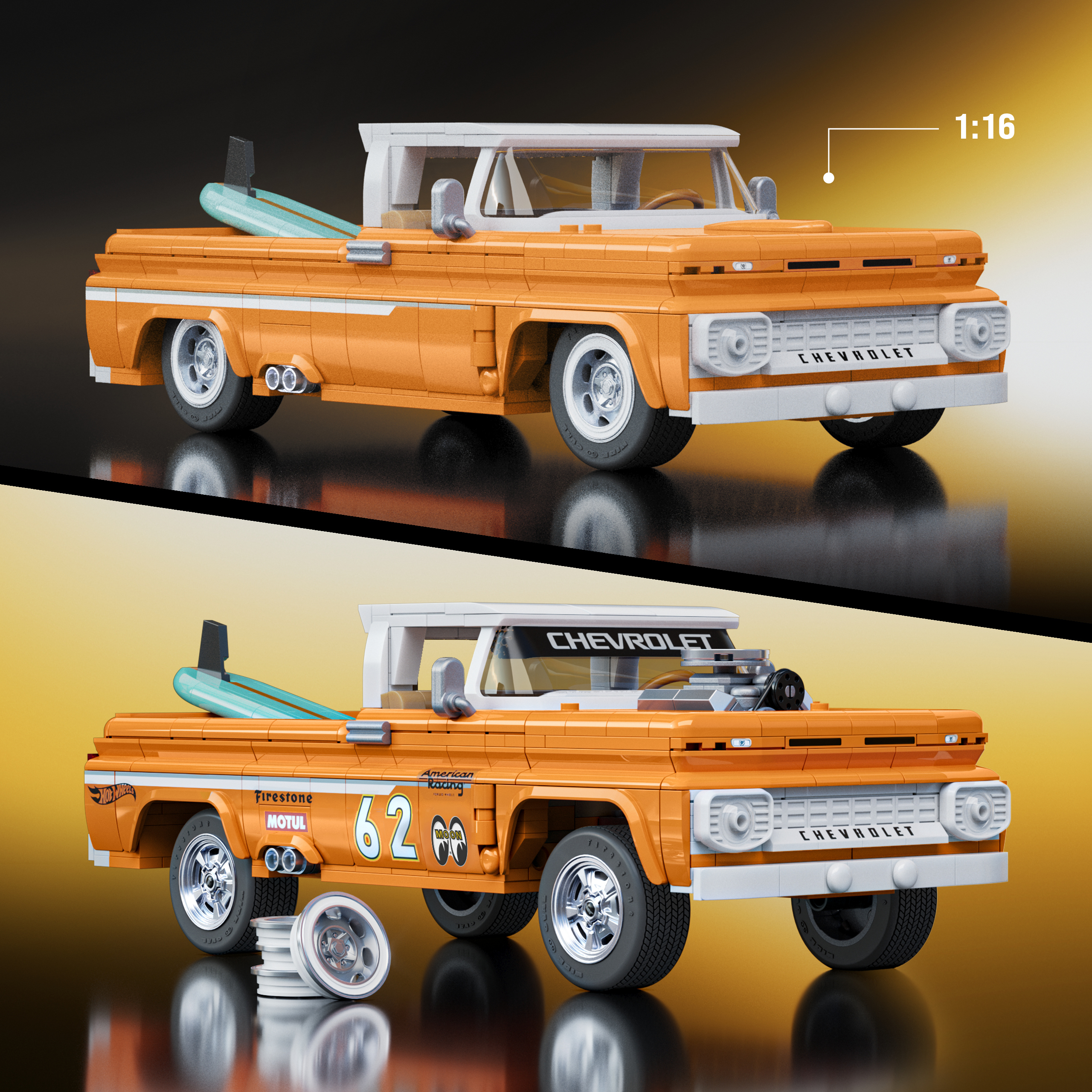 Pickup Lego arancione con tavola da surf e dettagli Hot Wheels. Scala 1:16.