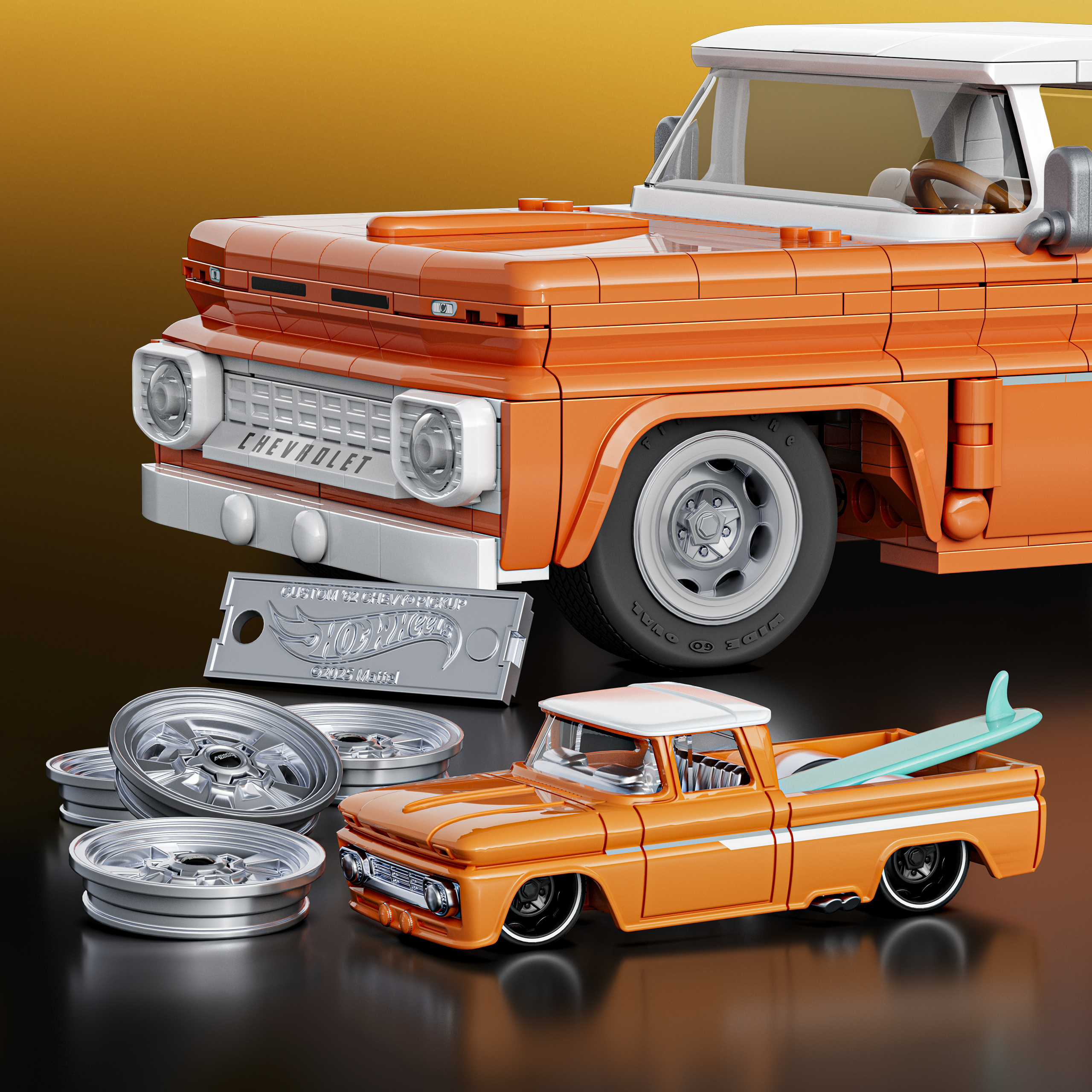 Un pick-up Chevrolet arancione Lego con una tavola da surf nel cassone.