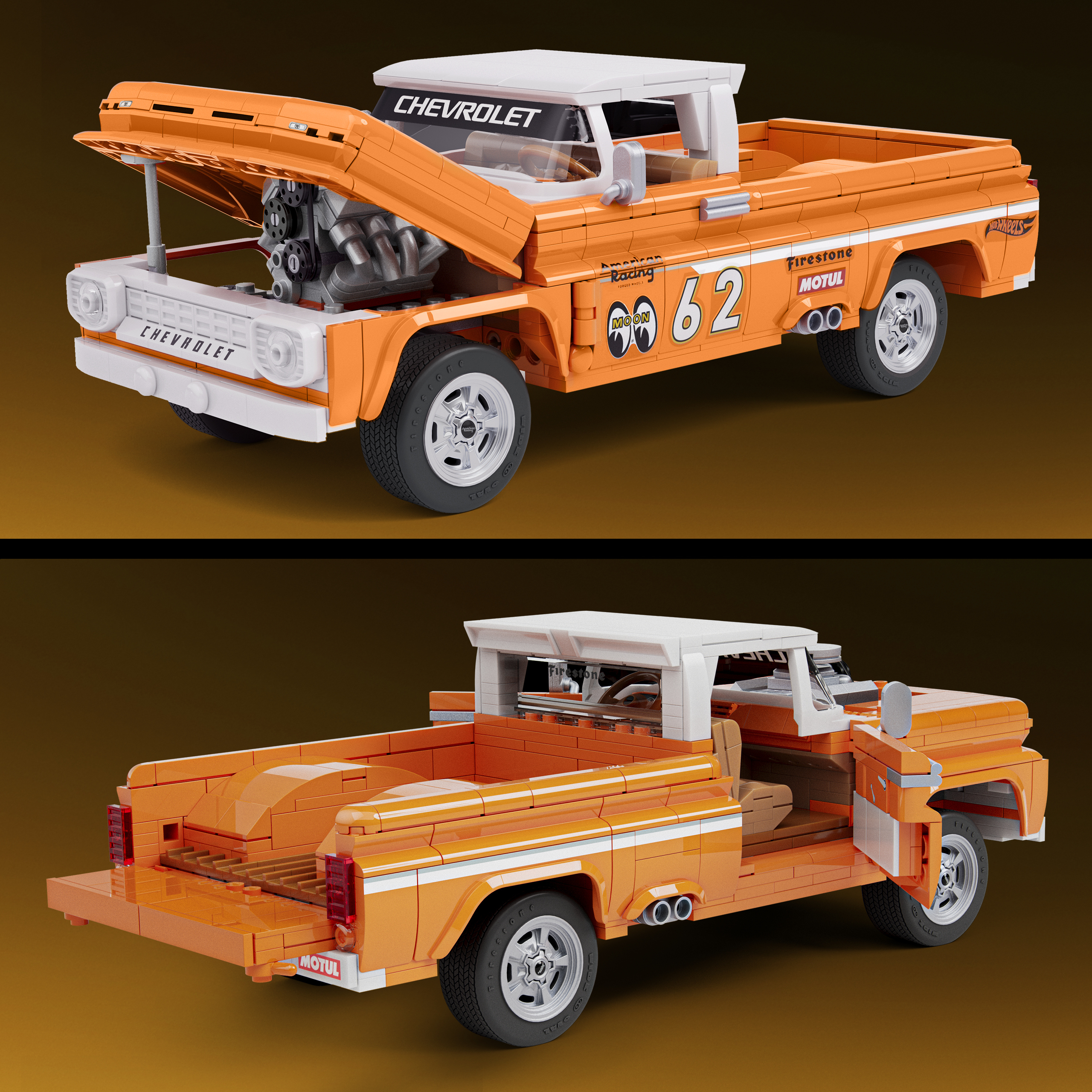 Replica Lego arancione di un pick-up Chevrolet con cofano aperto, motore e decalcomanie da corsa.
