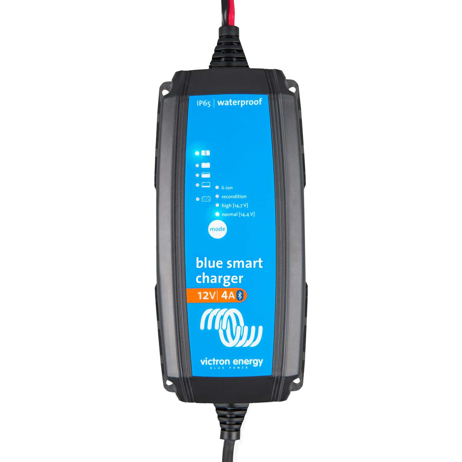 Ein wasserdichter blauer Victron Energy Smart Ladegerät 12V 4A mit LEDs.