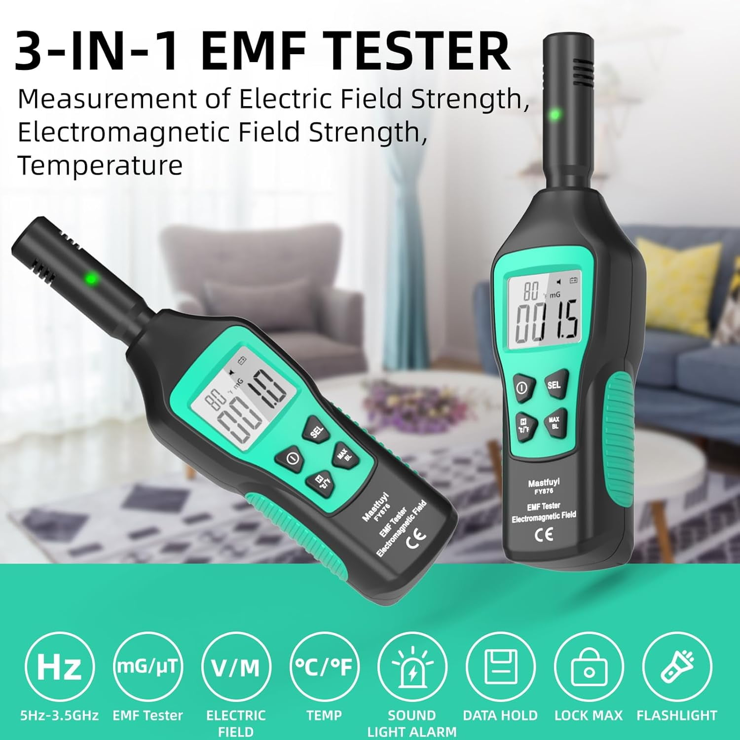 Ein 3-in-1 EMF-Messgerät mit digitalen Anzeigen für Feldstärke und Temperatur.
