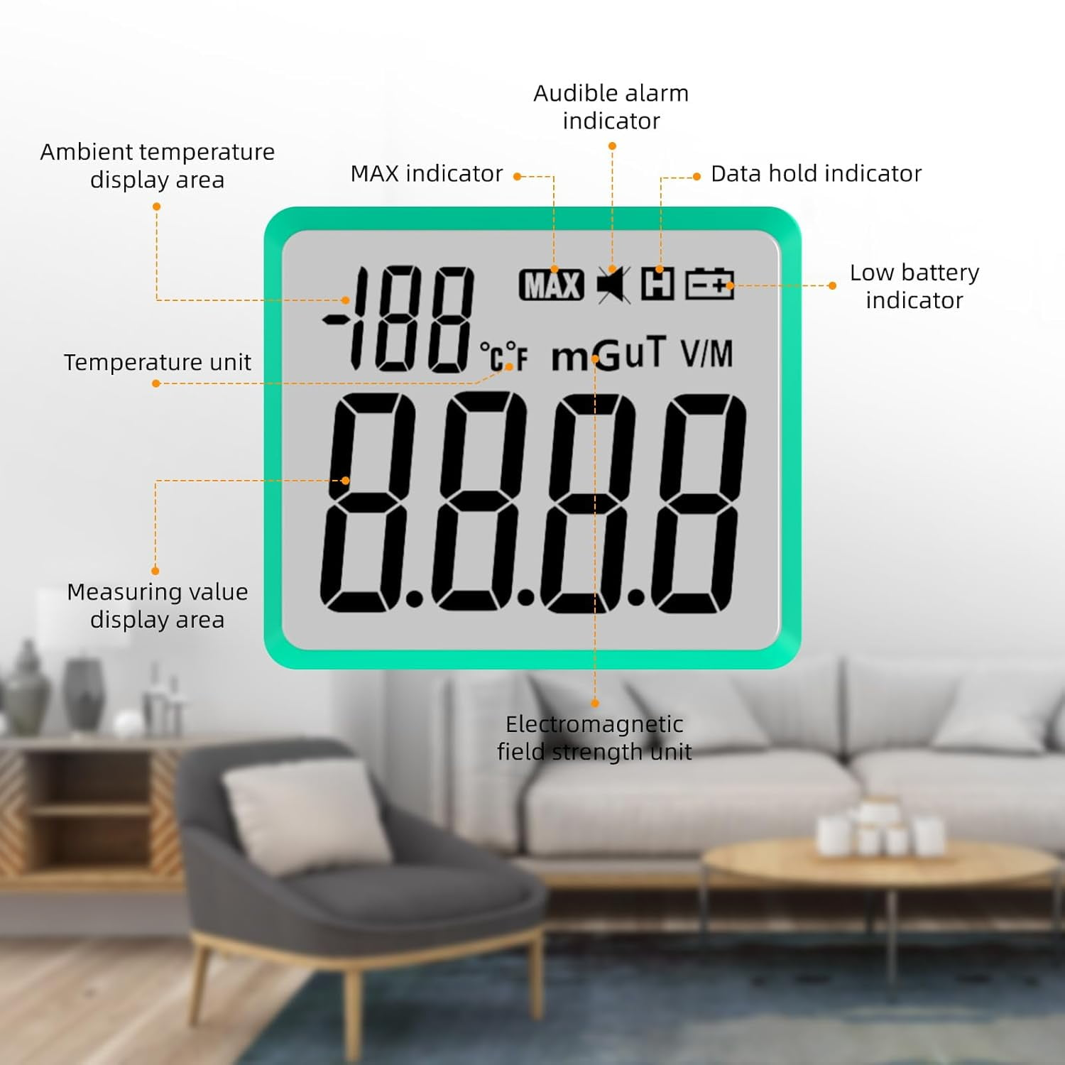 Ein Messgerät zeigt -188 und 8.8.8.8 an, mit Symbolen für MAX, H, Alarm, Daten halten, Batterie.