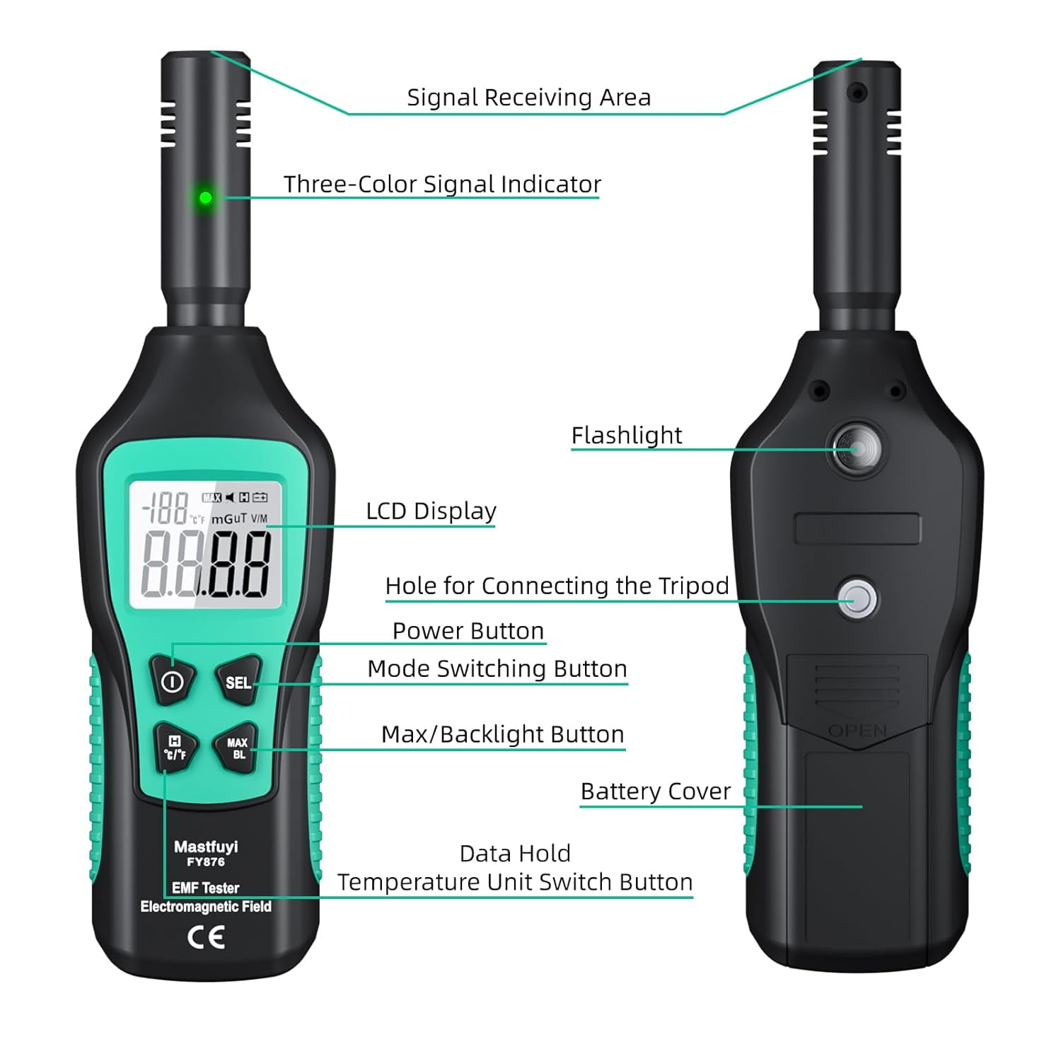 Zwei EMF-Tester gezeigt. Links zeigt LCD, Tasten. Rechts zeigt Taschenlampe, Batterieabdeckung.