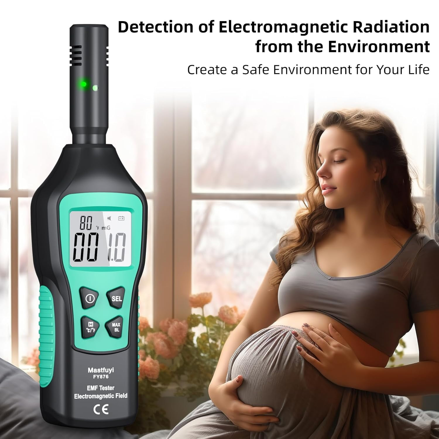 Eine schwangere Frau hält ihren Bauch neben einem EMF-Messgerät. Text: Nachweis von elektromagnetischer Strahlung.