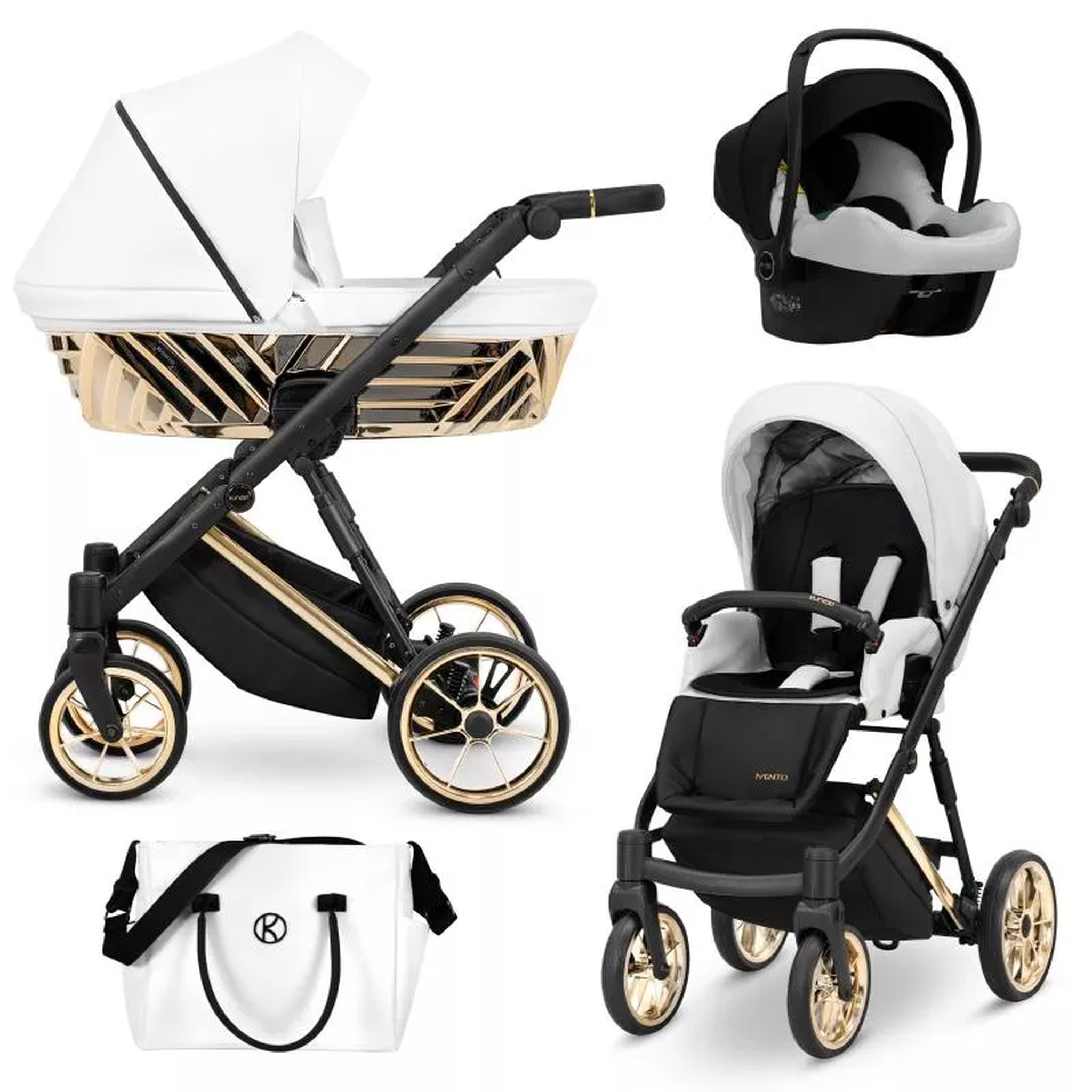 Ein weißer Kinderwagen mit goldener Verzierungen, Autositz und Tasche.