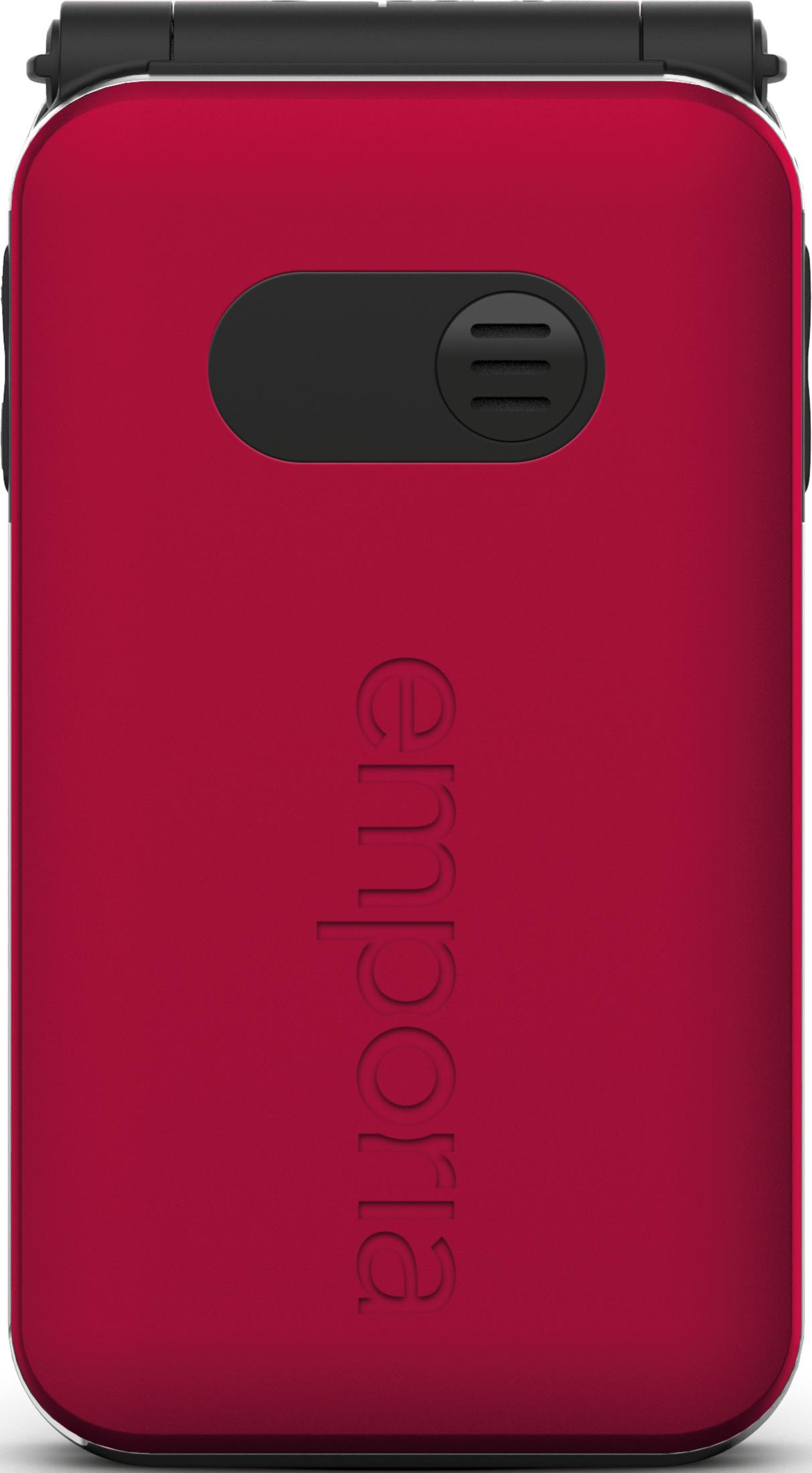 Rotes Klapphandy mit schwarzem Emblem und geprägtem Namen.